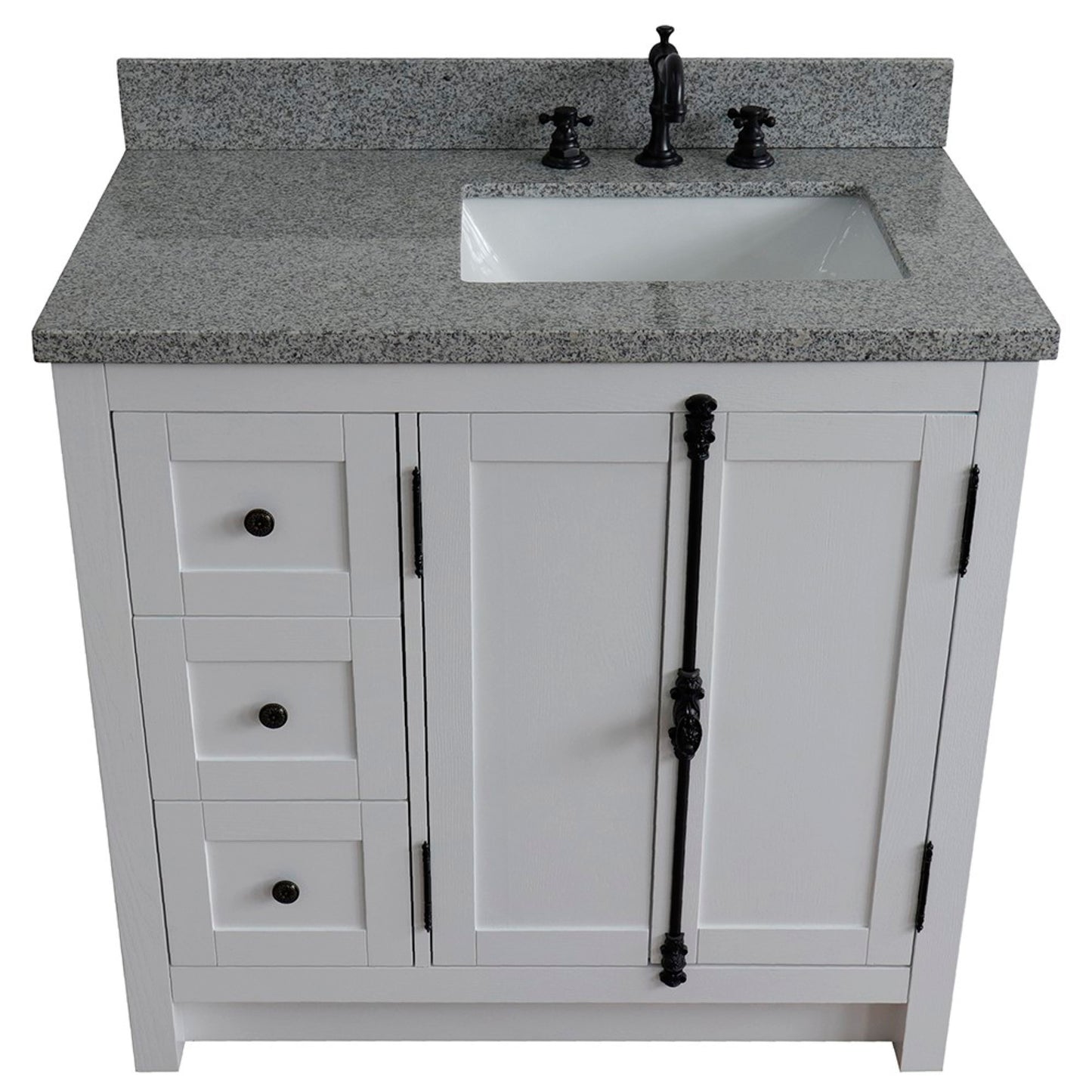 37" Single vanity in Glacier Ash finish with Gray granite top and rectangle sink Right doors/Right sink