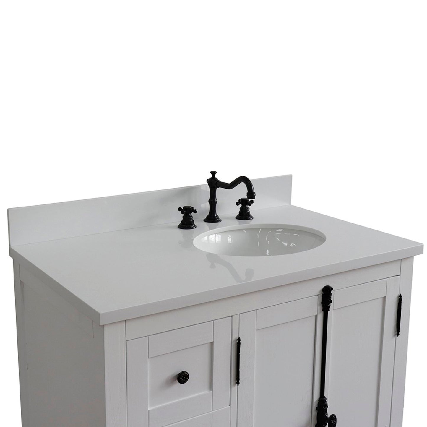 37" Single vanity in Glacier Ash finish with White engineered stone top and oval sink Right doors/Right sink