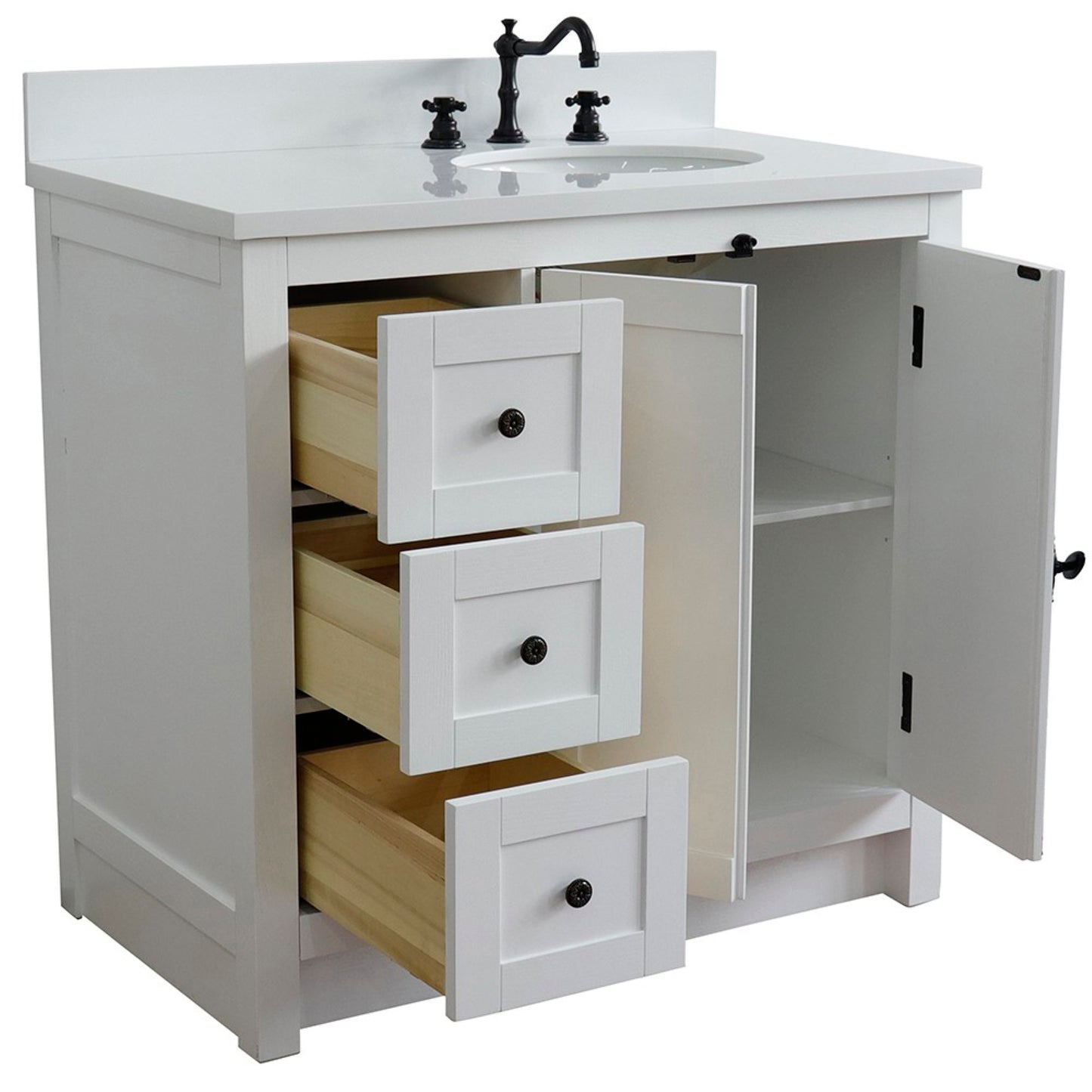 37" Single vanity in Glacier Ash finish with White engineered stone top and oval sink Right doors/Right sink
