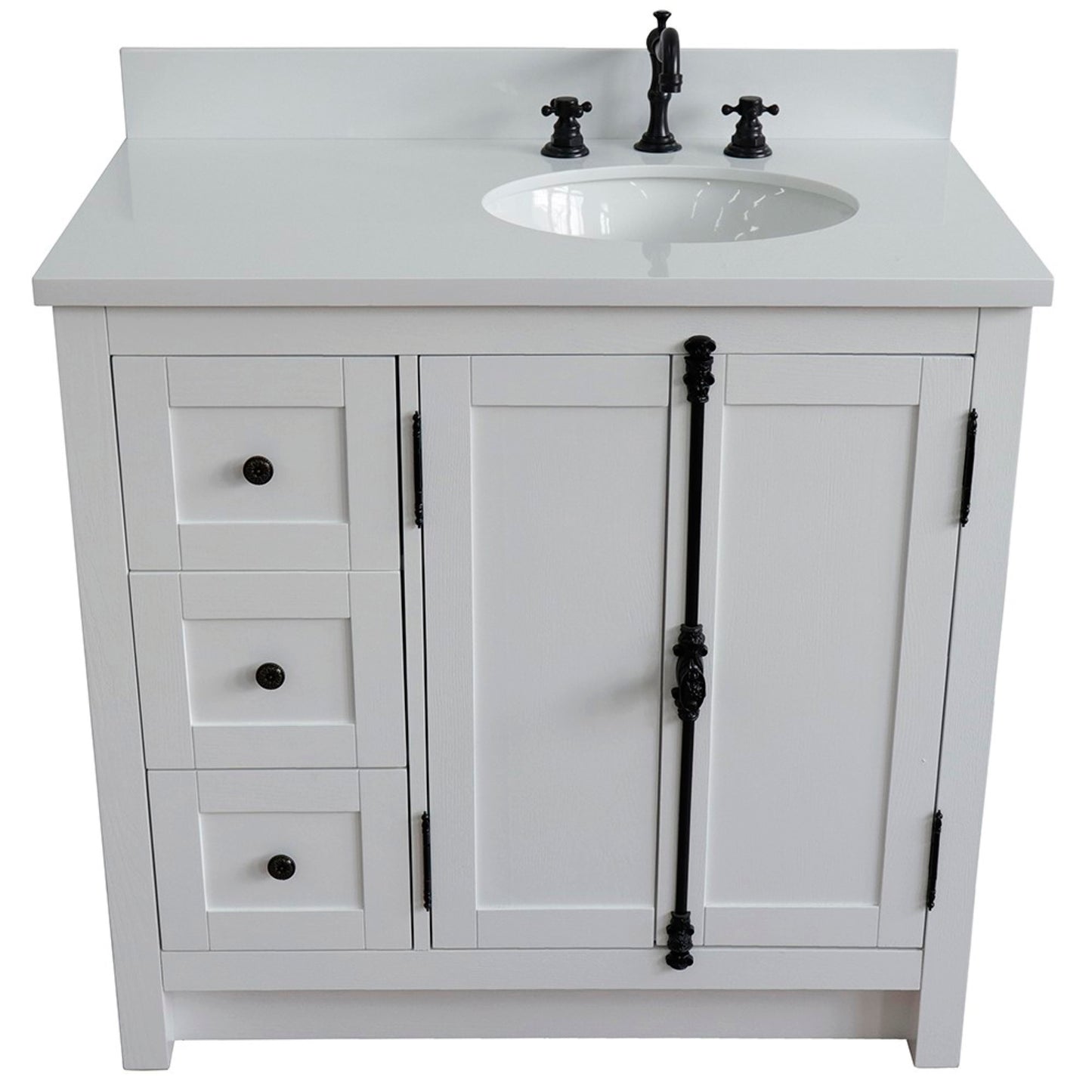37" Single vanity in Glacier Ash finish with White engineered stone top and oval sink Right doors/Right sink