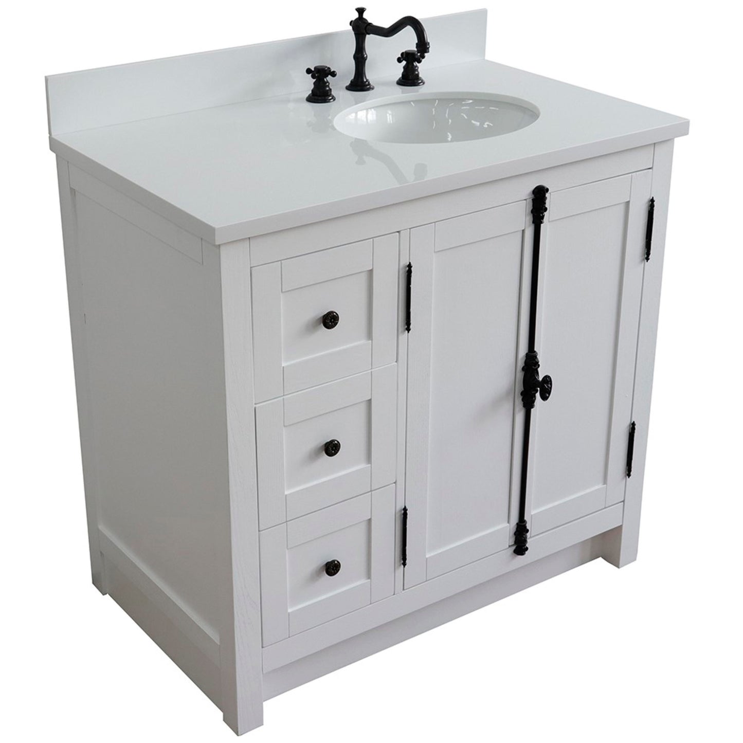 37" Single vanity in Glacier Ash finish with White engineered stone top and oval sink Right doors/Right sink