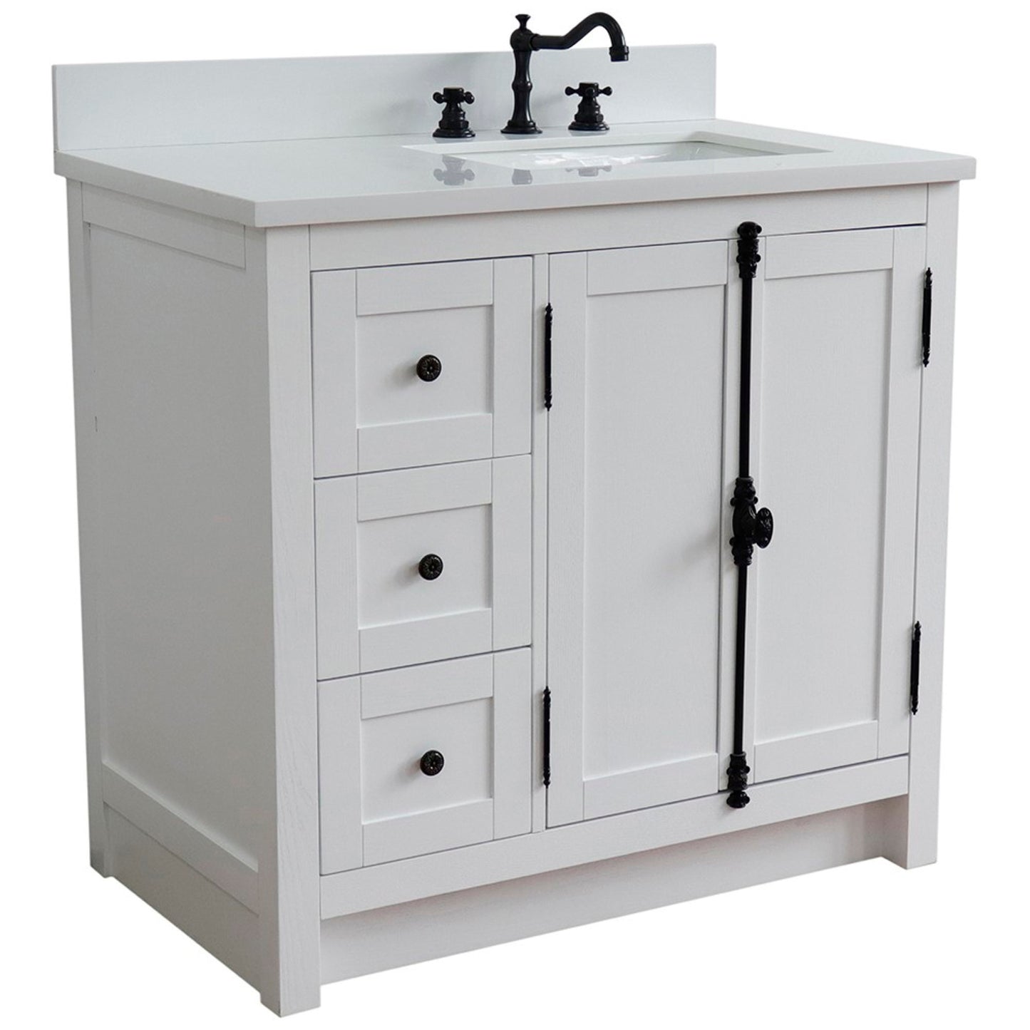 37" Single vanity in Glacier Ash finish with White engineered stone top and rectangle sink Right doors/Right sink