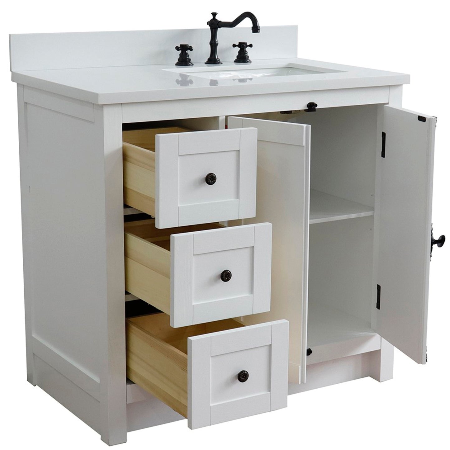 37" Single vanity in Glacier Ash finish with White engineered stone top and rectangle sink Right doors/Right sink