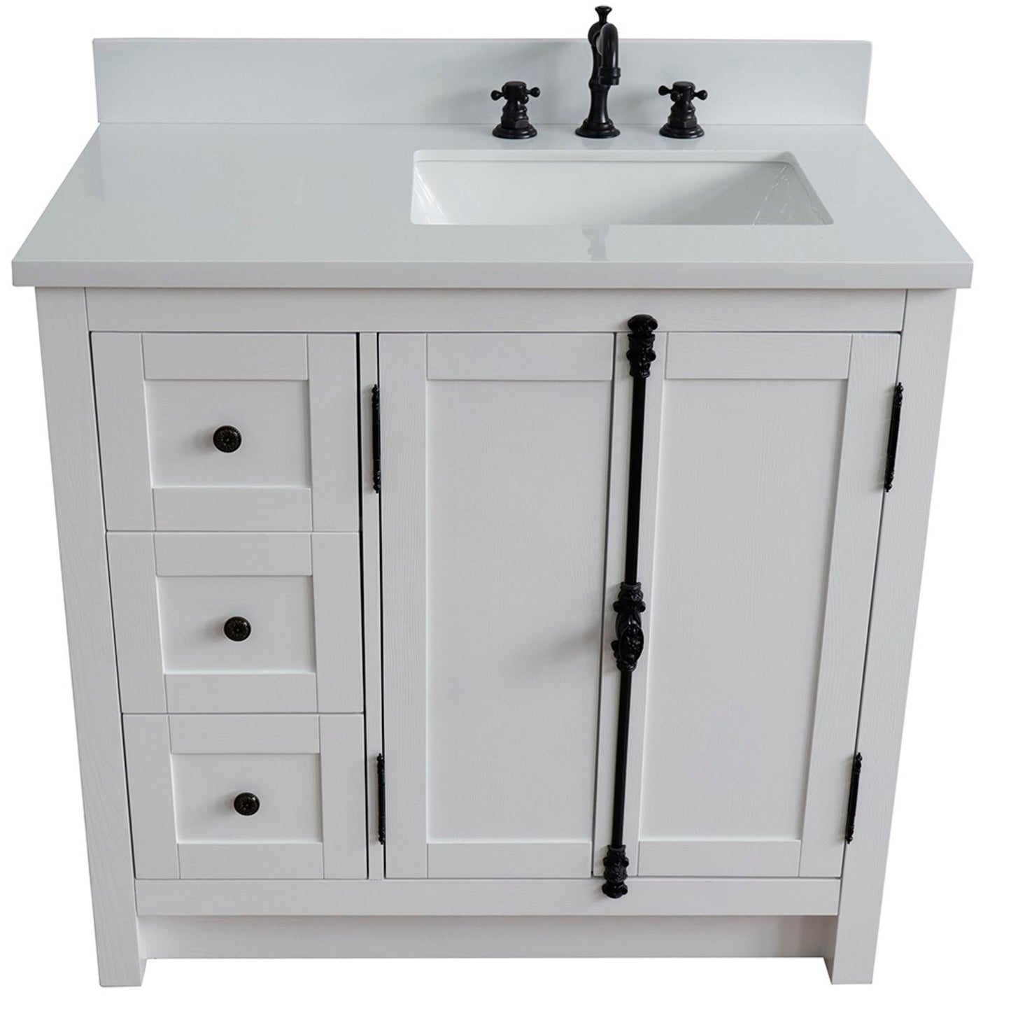 37" Single vanity in Glacier Ash finish with White engineered stone top and rectangle sink Right doors/Right sink