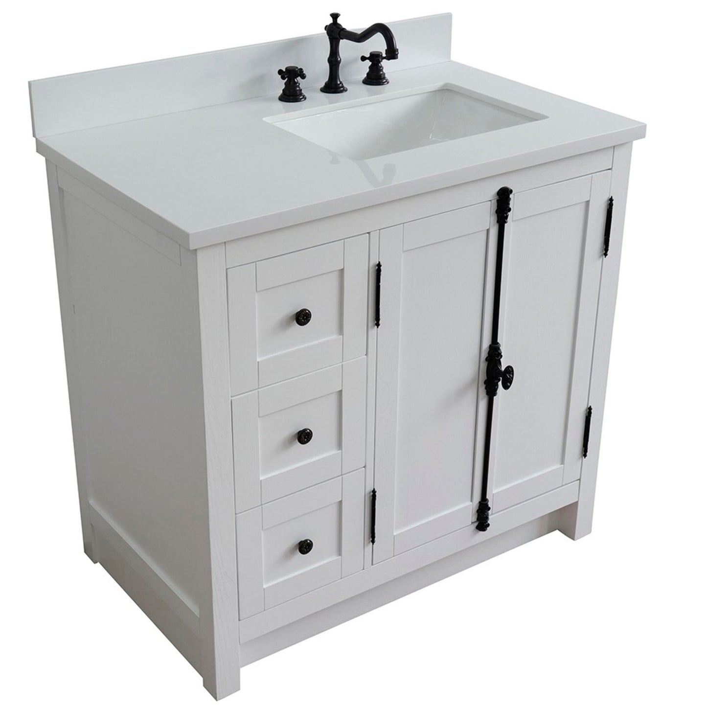 37" Single vanity in Glacier Ash finish with White engineered stone top and rectangle sink Right doors/Right sink