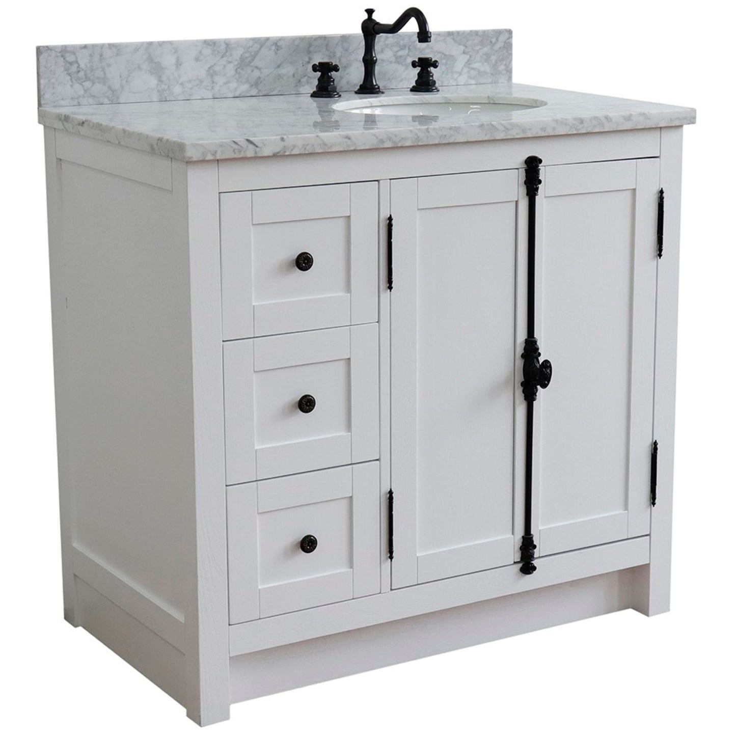 37" Single vanity in Glacier Ash finish with White Carrara top and oval sink Right doors/Right sink