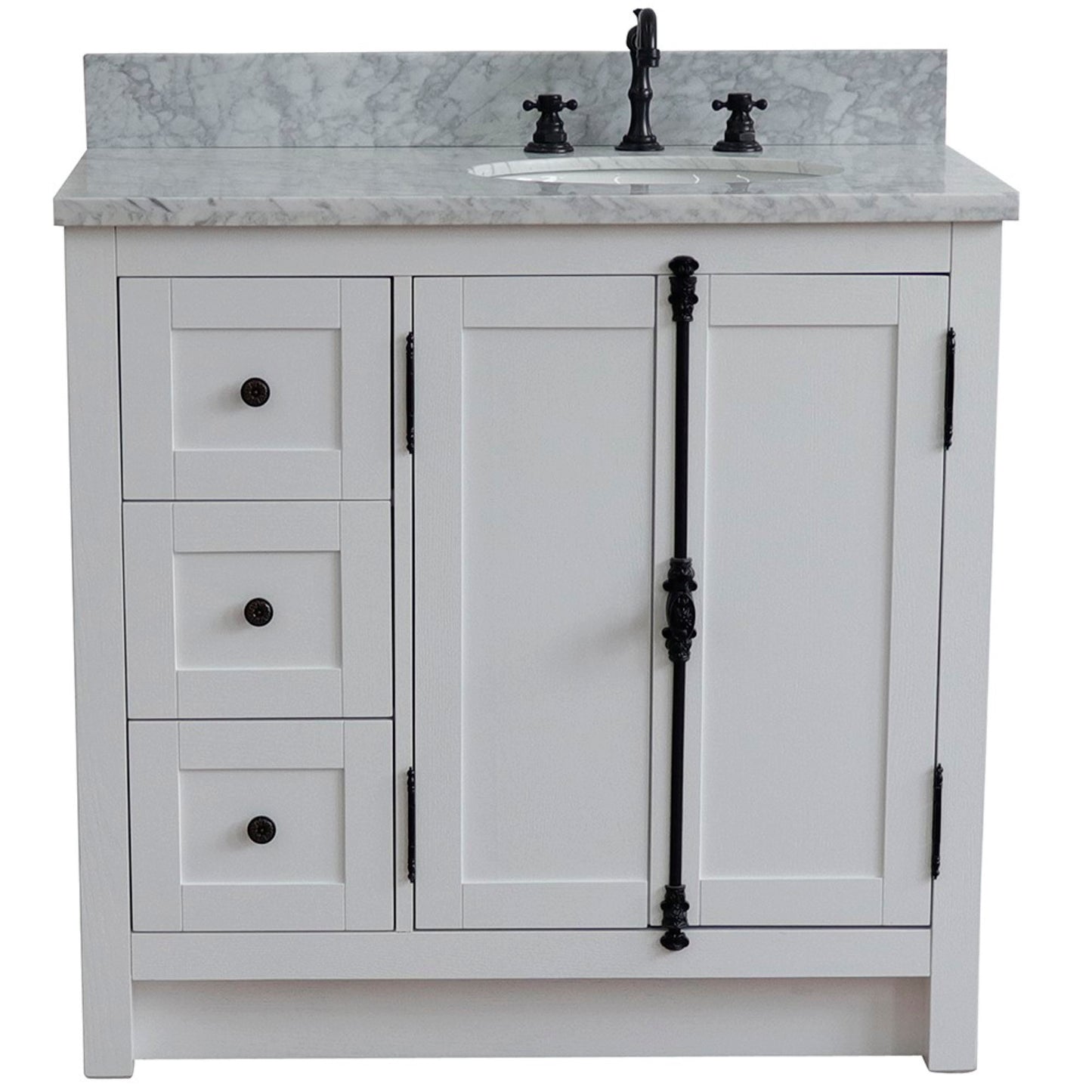 37" Single vanity in Glacier Ash finish with White Carrara top and oval sink Right doors/Right sink