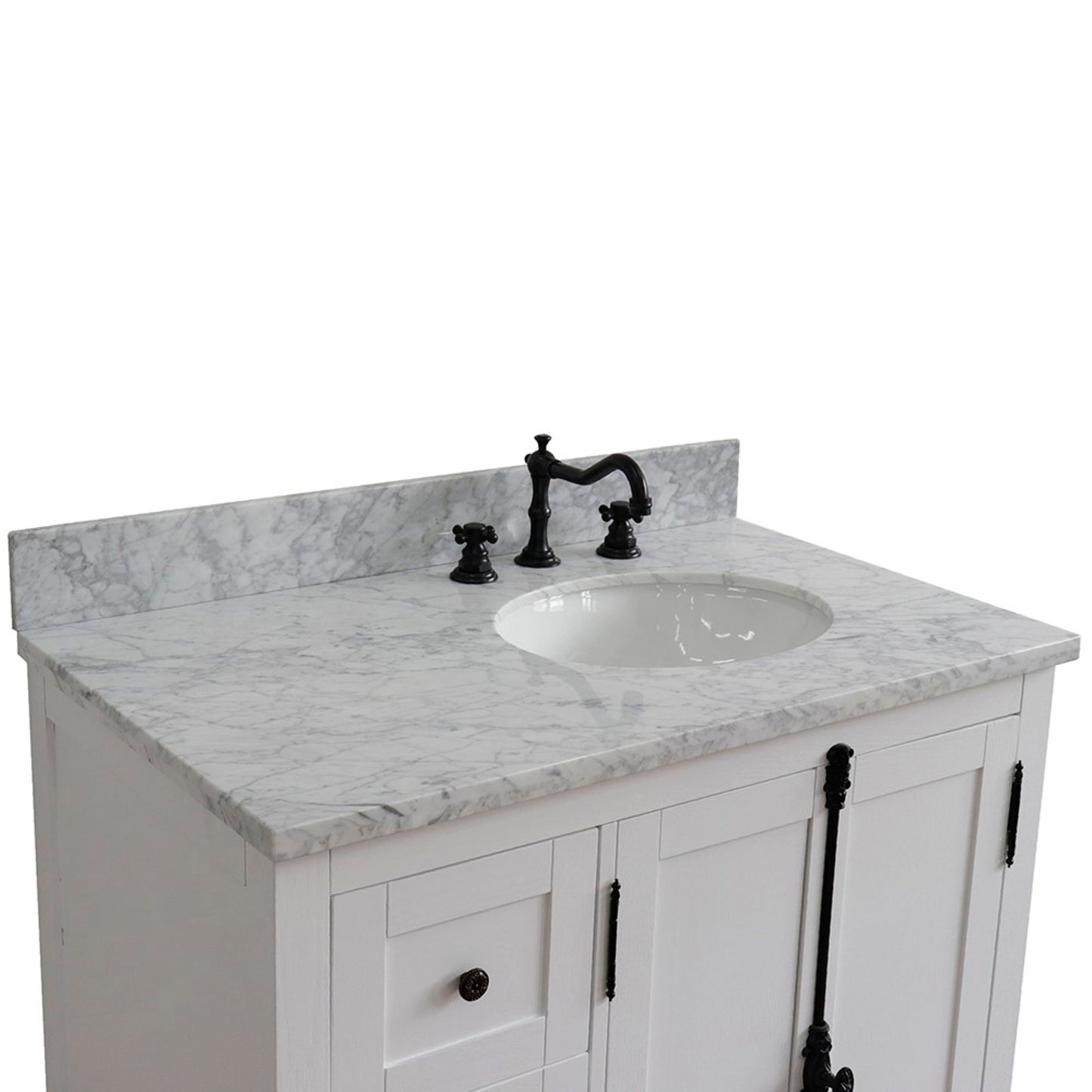 37" Single vanity in Glacier Ash finish with White Carrara top and oval sink Right doors/Right sink