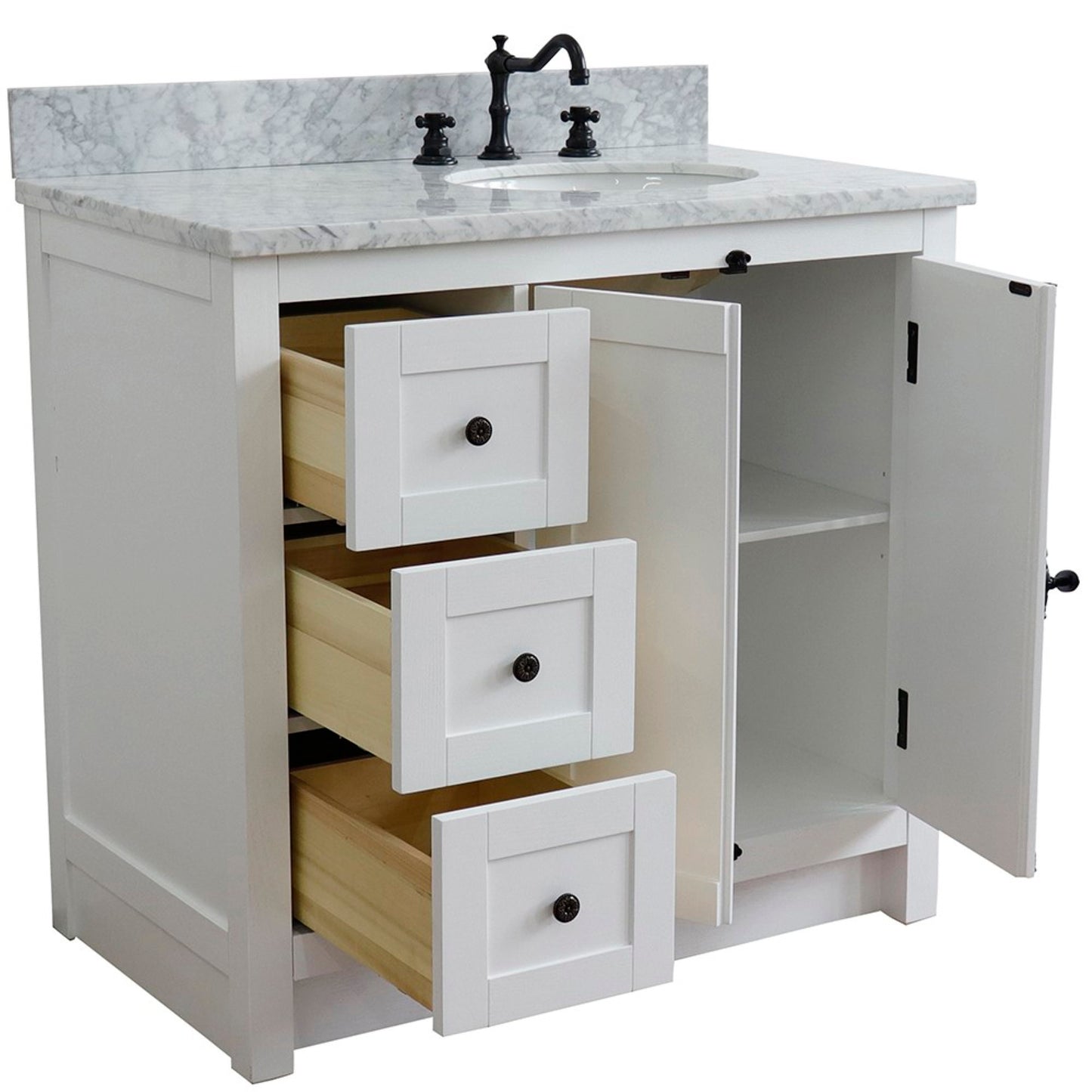 37" Single vanity in Glacier Ash finish with White Carrara top and oval sink Right doors/Right sink
