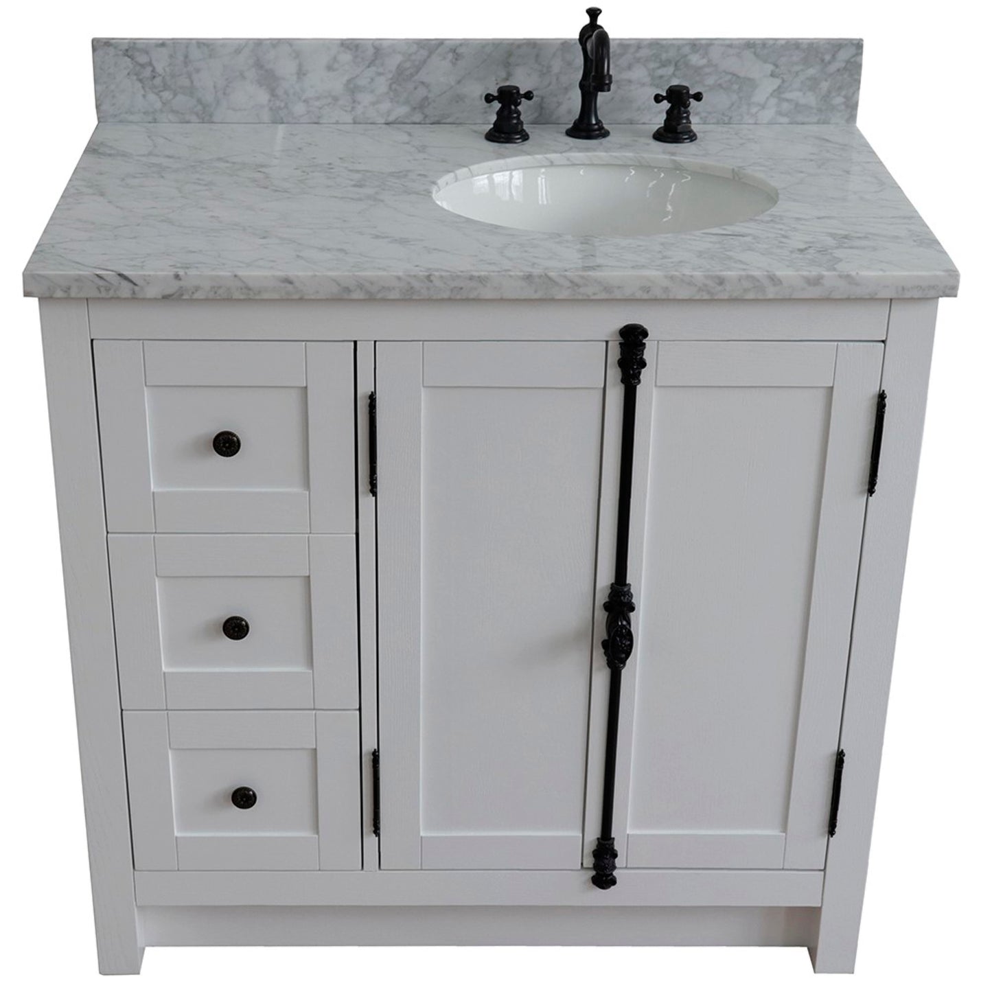 37" Single vanity in Glacier Ash finish with White Carrara top and oval sink Right doors/Right sink