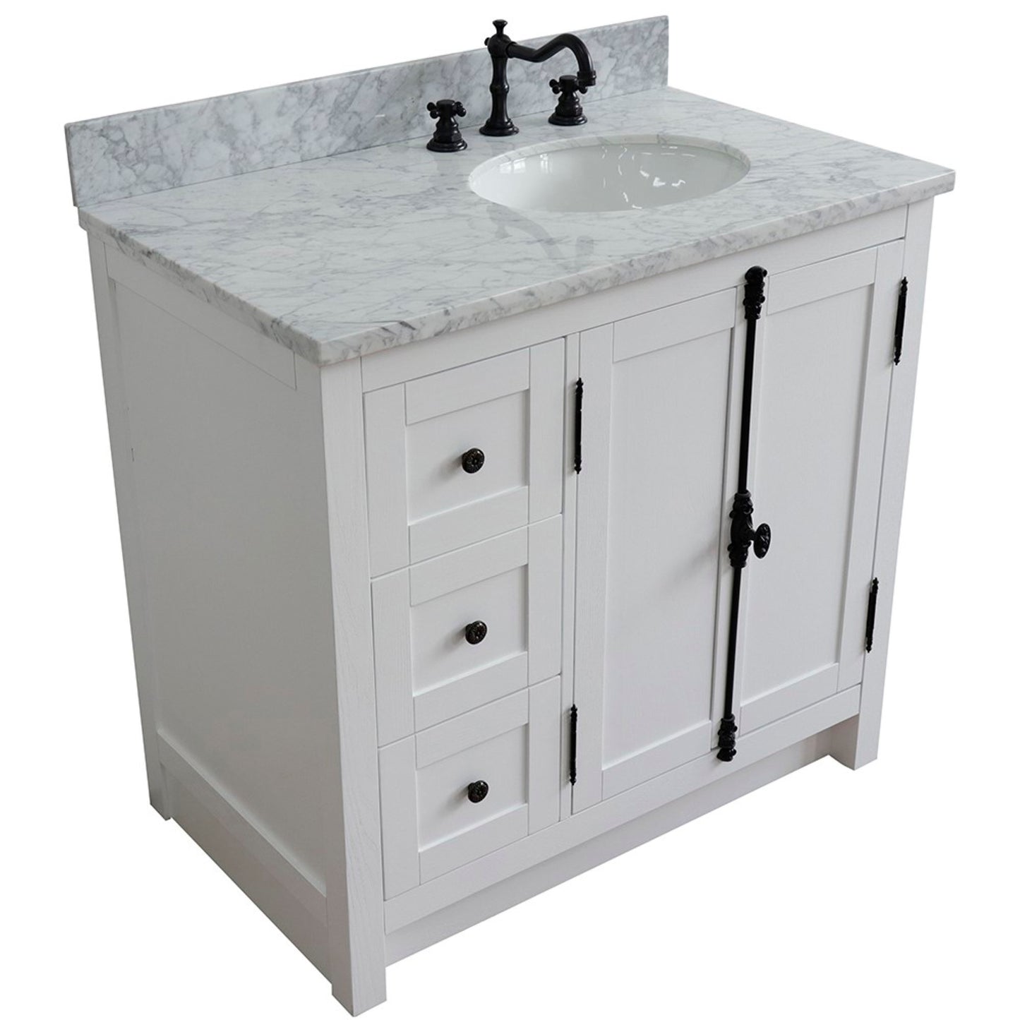 37" Single vanity in Glacier Ash finish with White Carrara top and oval sink Right doors/Right sink