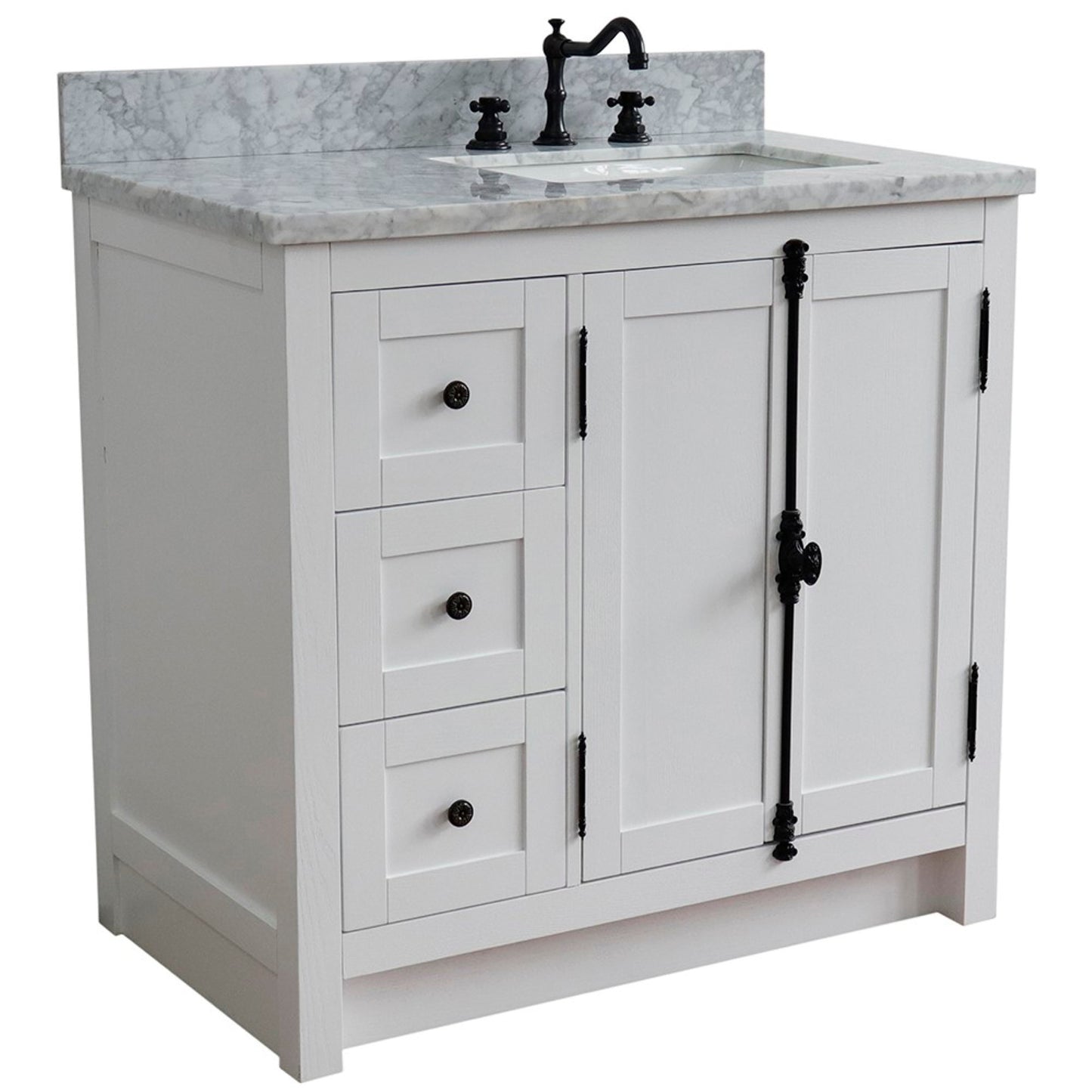 37" Single vanity in Glacier Ash finish with White Carrara top and rectangle sink Right doors/Right sink