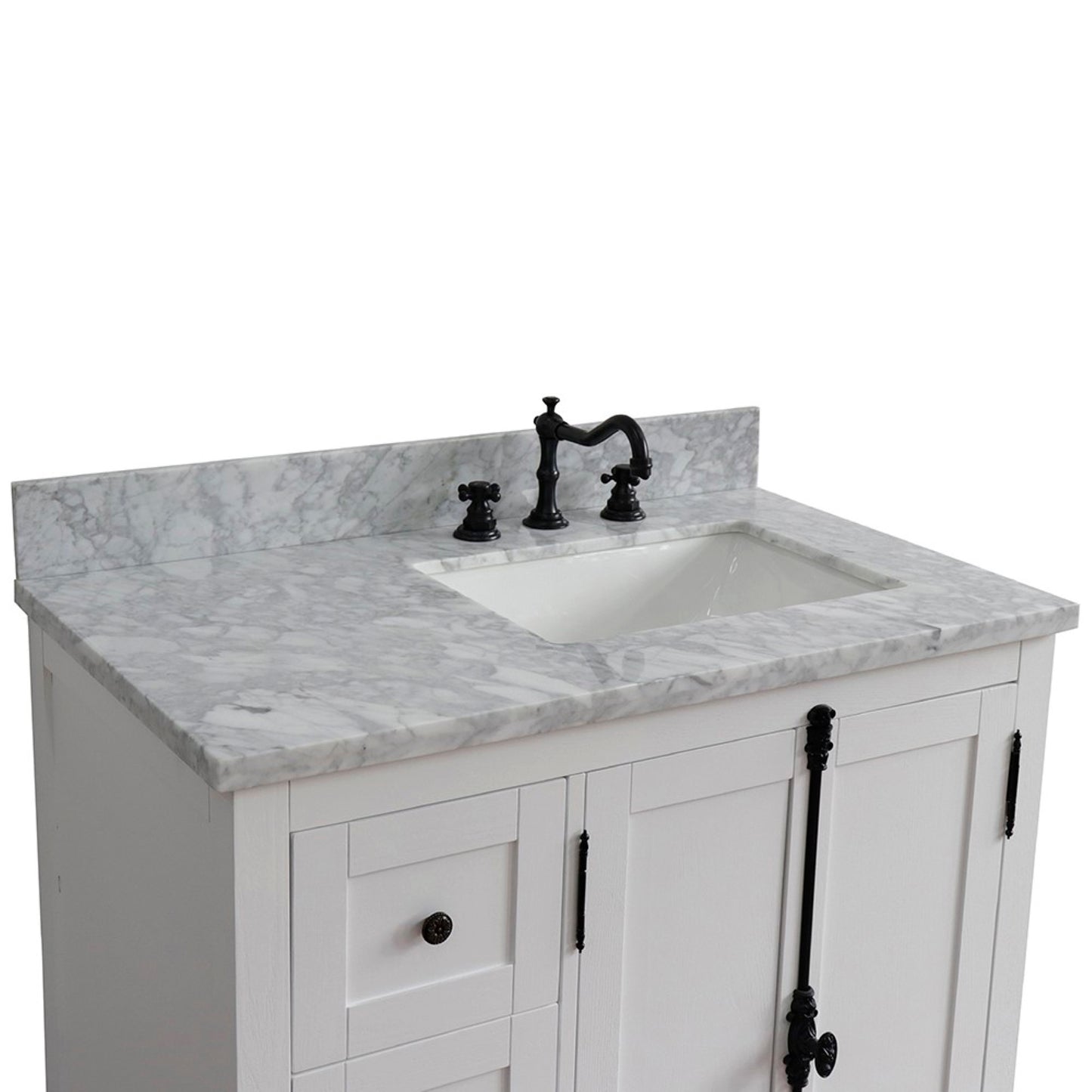 37" Single vanity in Glacier Ash finish with White Carrara top and rectangle sink Right doors/Right sink