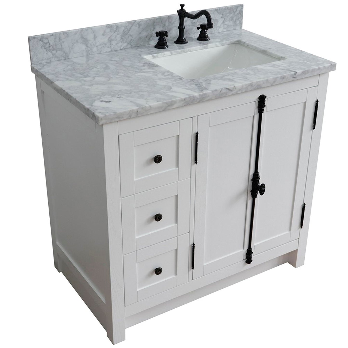 37" Single vanity in Glacier Ash finish with White Carrara top and rectangle sink Right doors/Right sink
