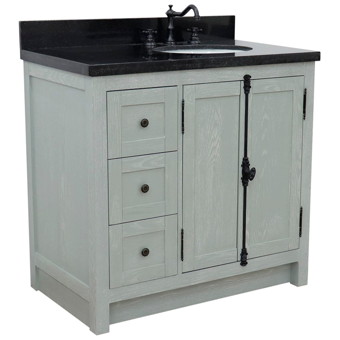 37" Single vanity in Gray Ash finish with Black galaxy top and oval sink Right doors/Right sink