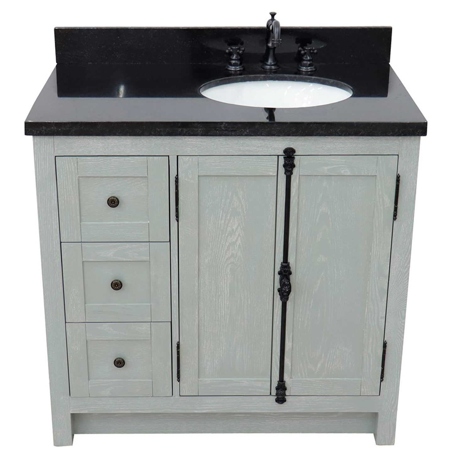 37" Single vanity in Gray Ash finish with Black galaxy top and oval sink Right doors/Right sink
