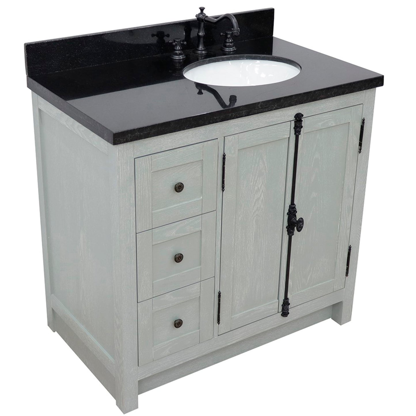 37" Single vanity in Gray Ash finish with Black galaxy top and oval sink Right doors/Right sink