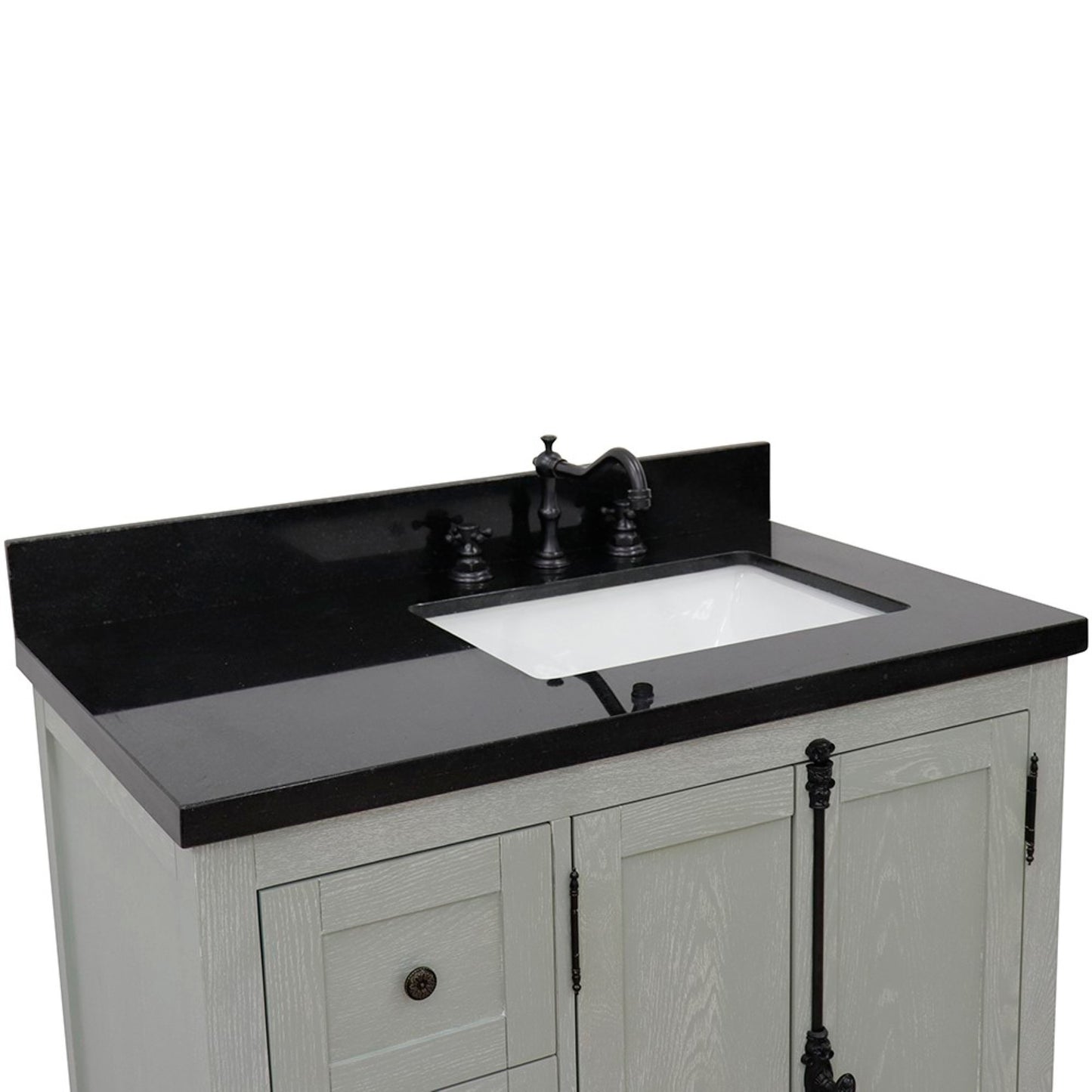37" Single vanity in Gray Ash finish with Black galaxy top and rectangle sink Right doors/Right sink