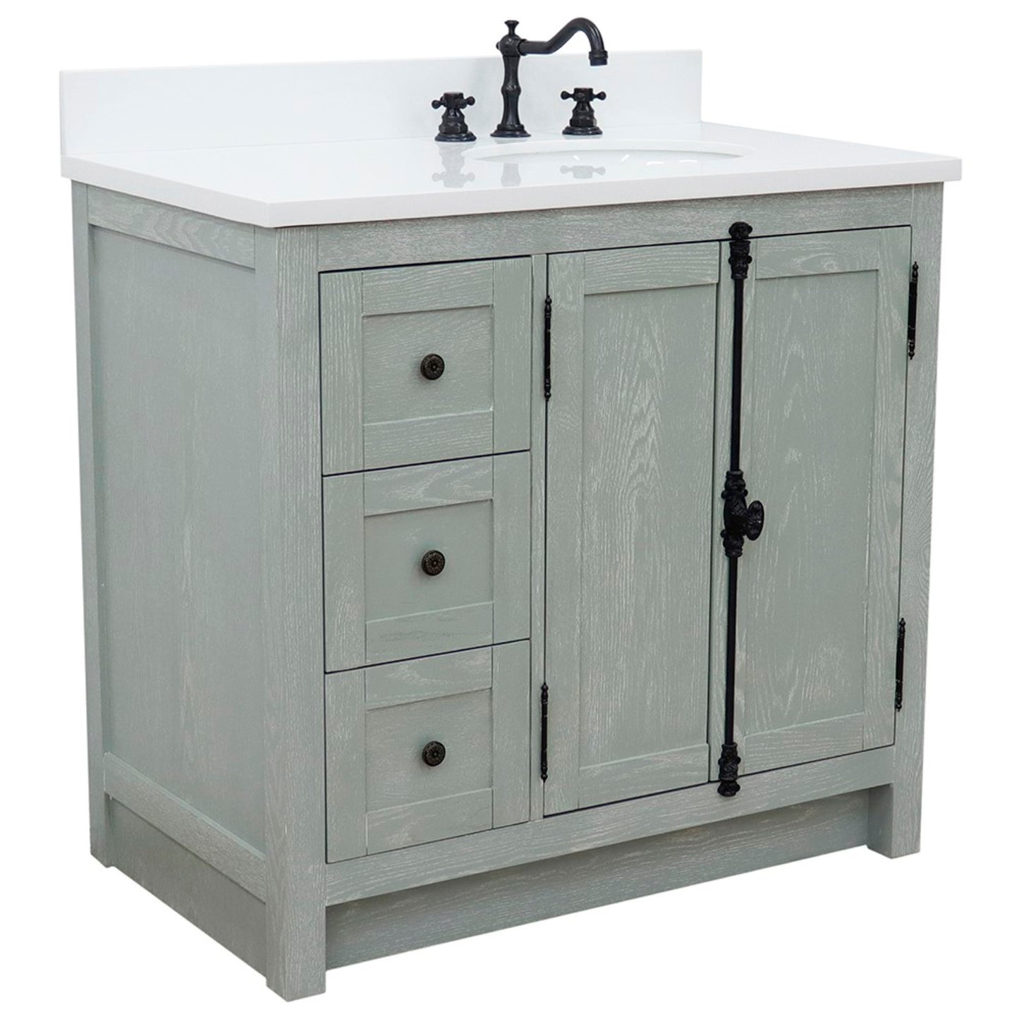 37" Single vanity in Gray Ash finish with White engineered stone top and oval sink Right doors/Right sink