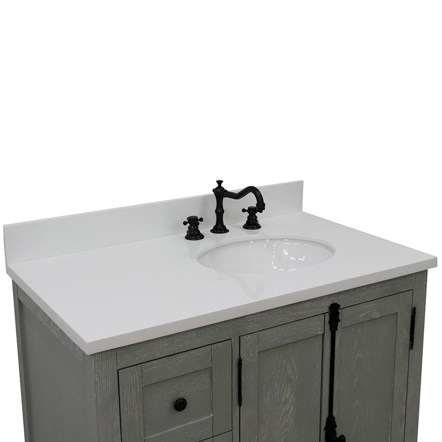 37" Single vanity in Gray Ash finish with White engineered stone top and oval sink Right doors/Right sink