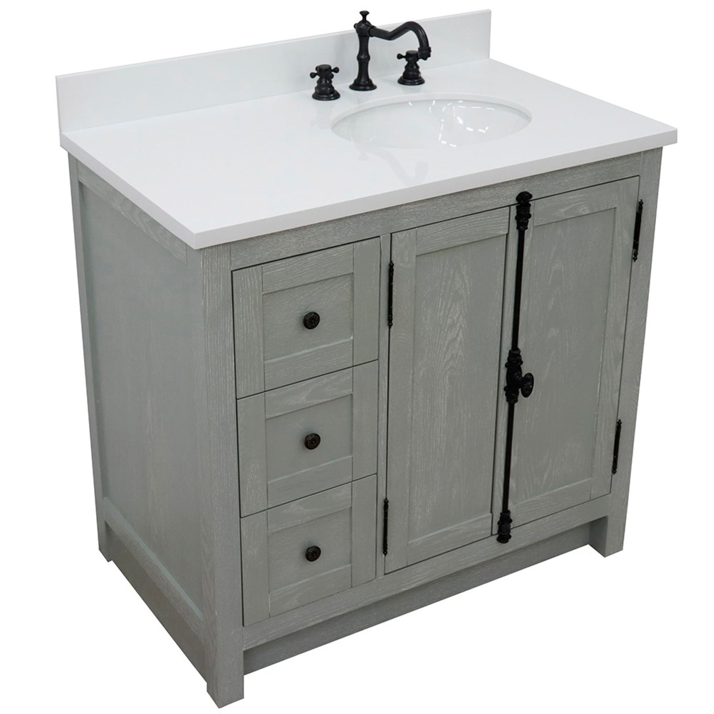 37" Single vanity in Gray Ash finish with White engineered stone top and oval sink Right doors/Right sink