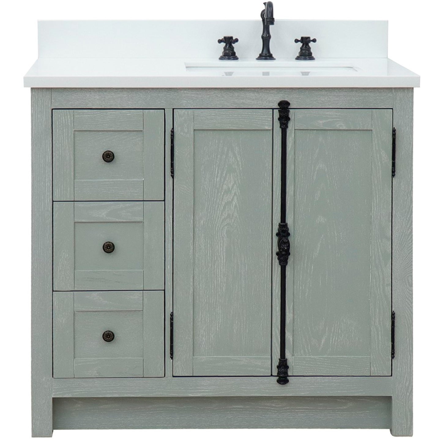 37" Single vanity in Gray Ash finish with White engineered stone top and rectangle sink Right doors/Right sink