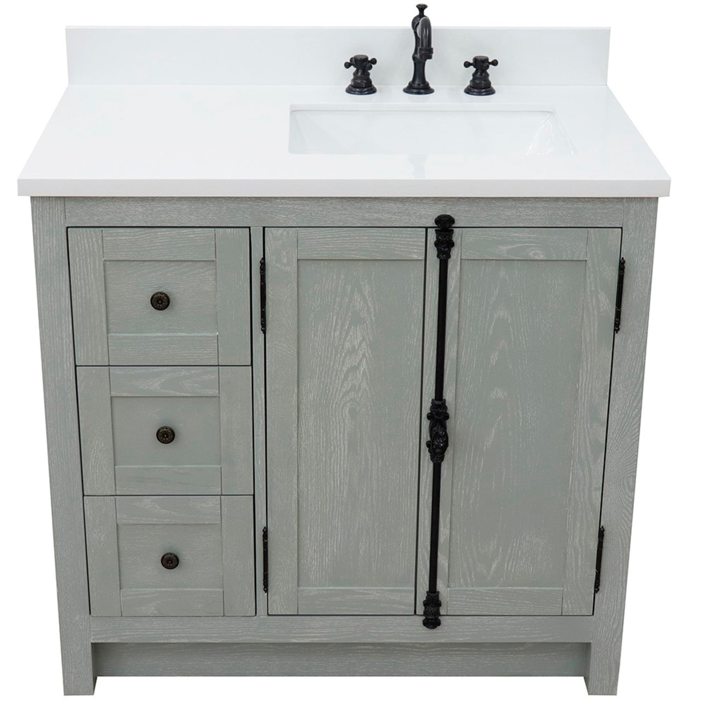 37" Single vanity in Gray Ash finish with White engineered stone top and rectangle sink Right doors/Right sink