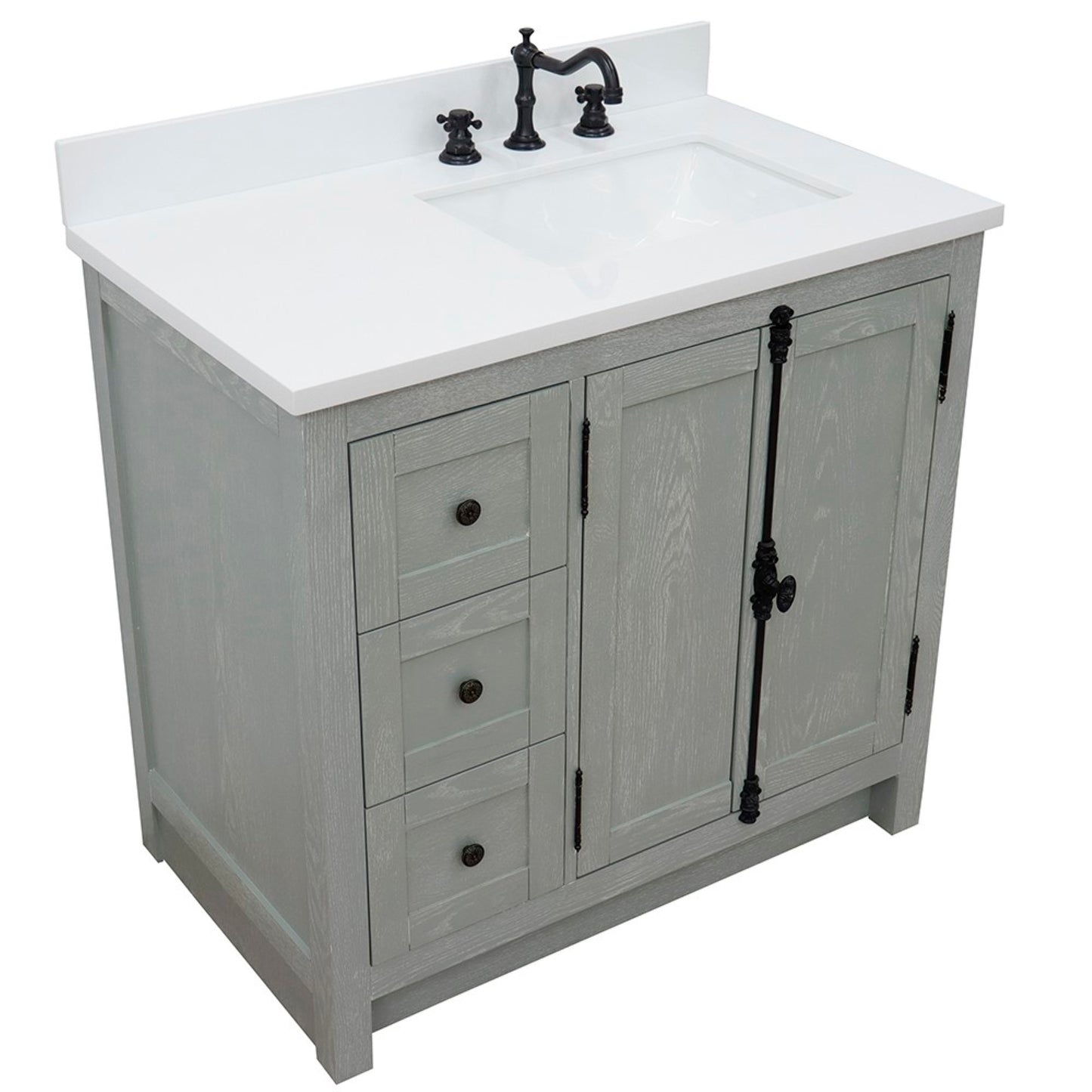 37" Single vanity in Gray Ash finish with White engineered stone top and rectangle sink Right doors/Right sink