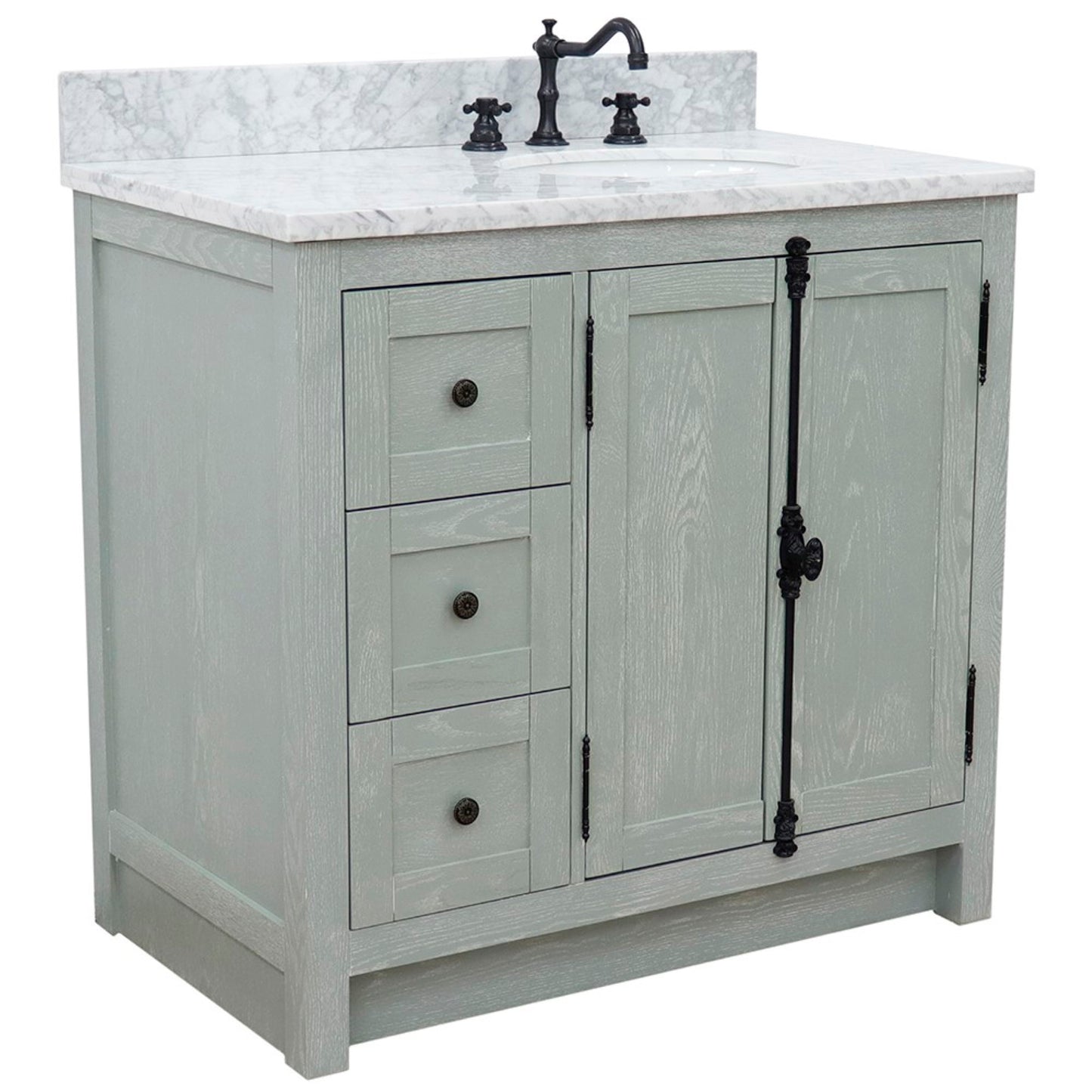 37" Single vanity in Gray Ash finish with White Carrara top and oval sink Right doors/Right sink