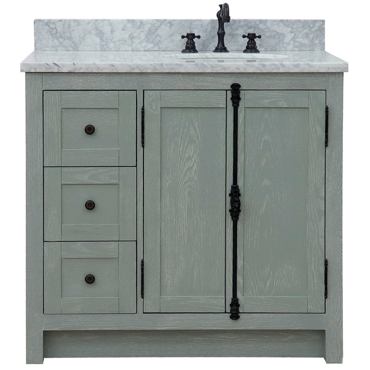 37" Single vanity in Gray Ash finish with White Carrara top and oval sink Right doors/Right sink