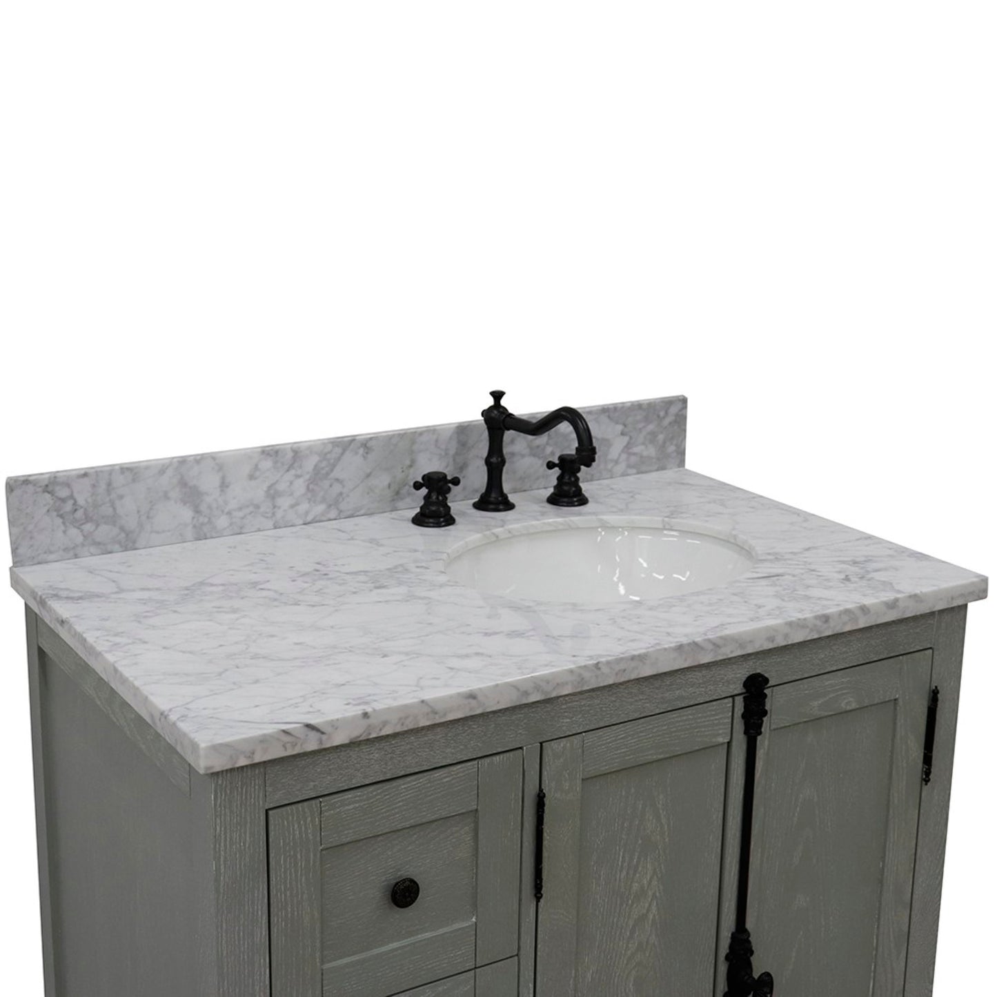 37" Single vanity in Gray Ash finish with White Carrara top and oval sink Right doors/Right sink