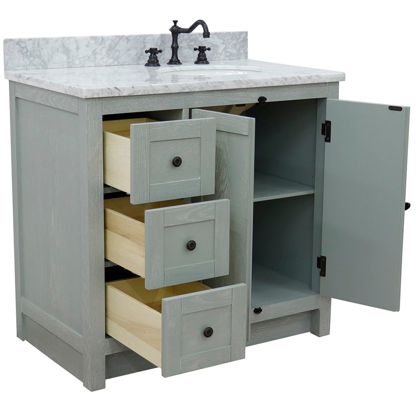 37" Single vanity in Gray Ash finish with White Carrara top and oval sink Right doors/Right sink