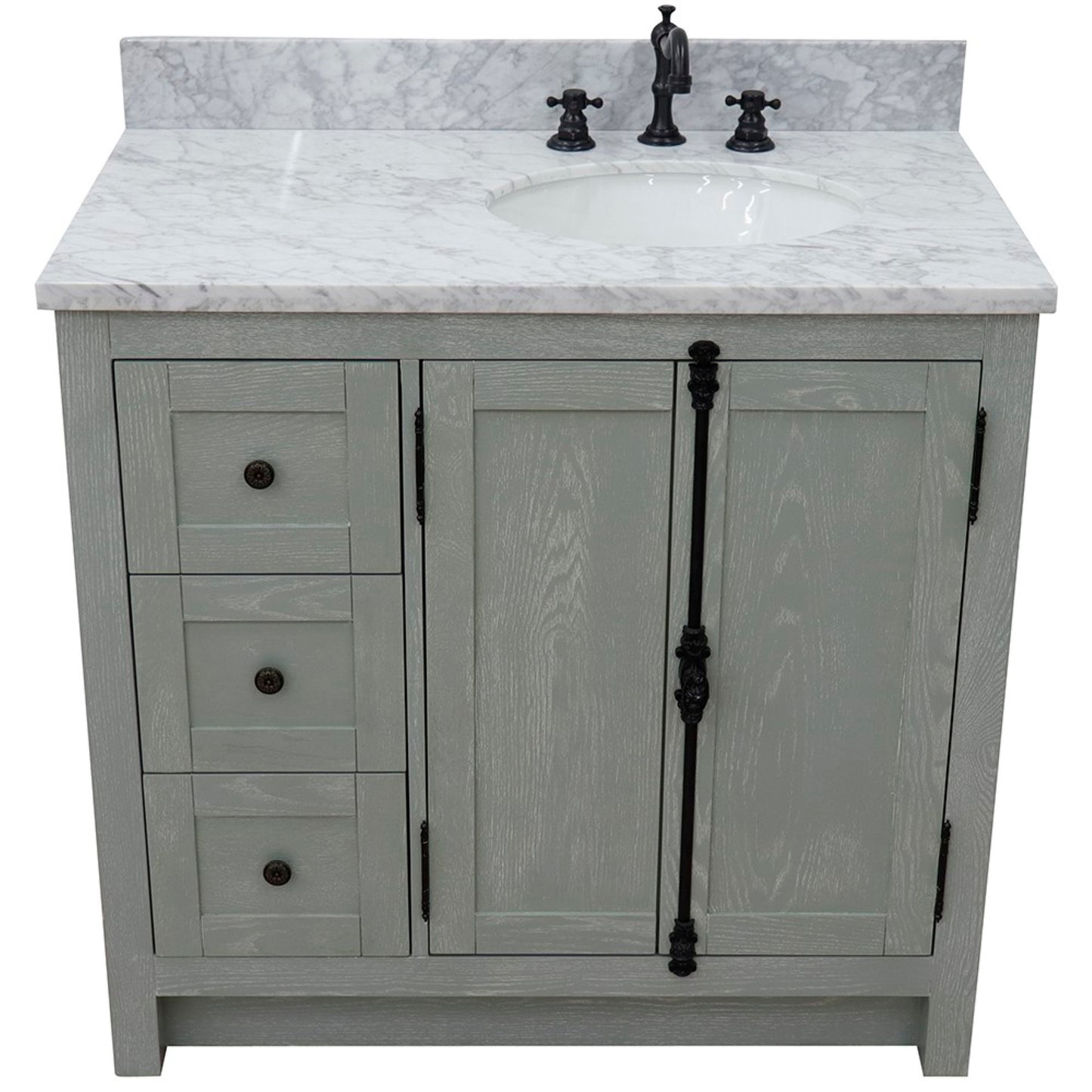 37" Single vanity in Gray Ash finish with White Carrara top and oval sink Right doors/Right sink