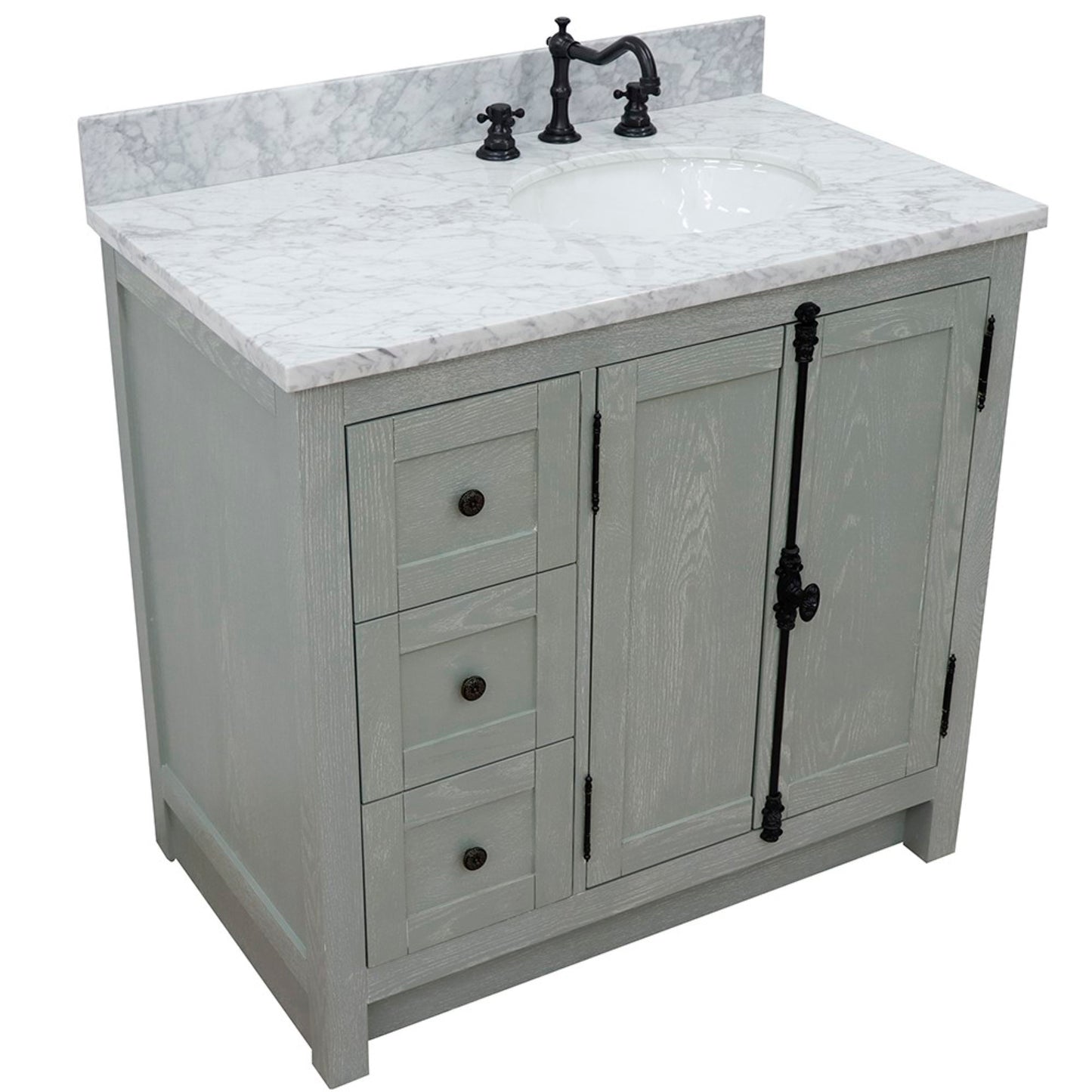 37" Single vanity in Gray Ash finish with White Carrara top and oval sink Right doors/Right sink