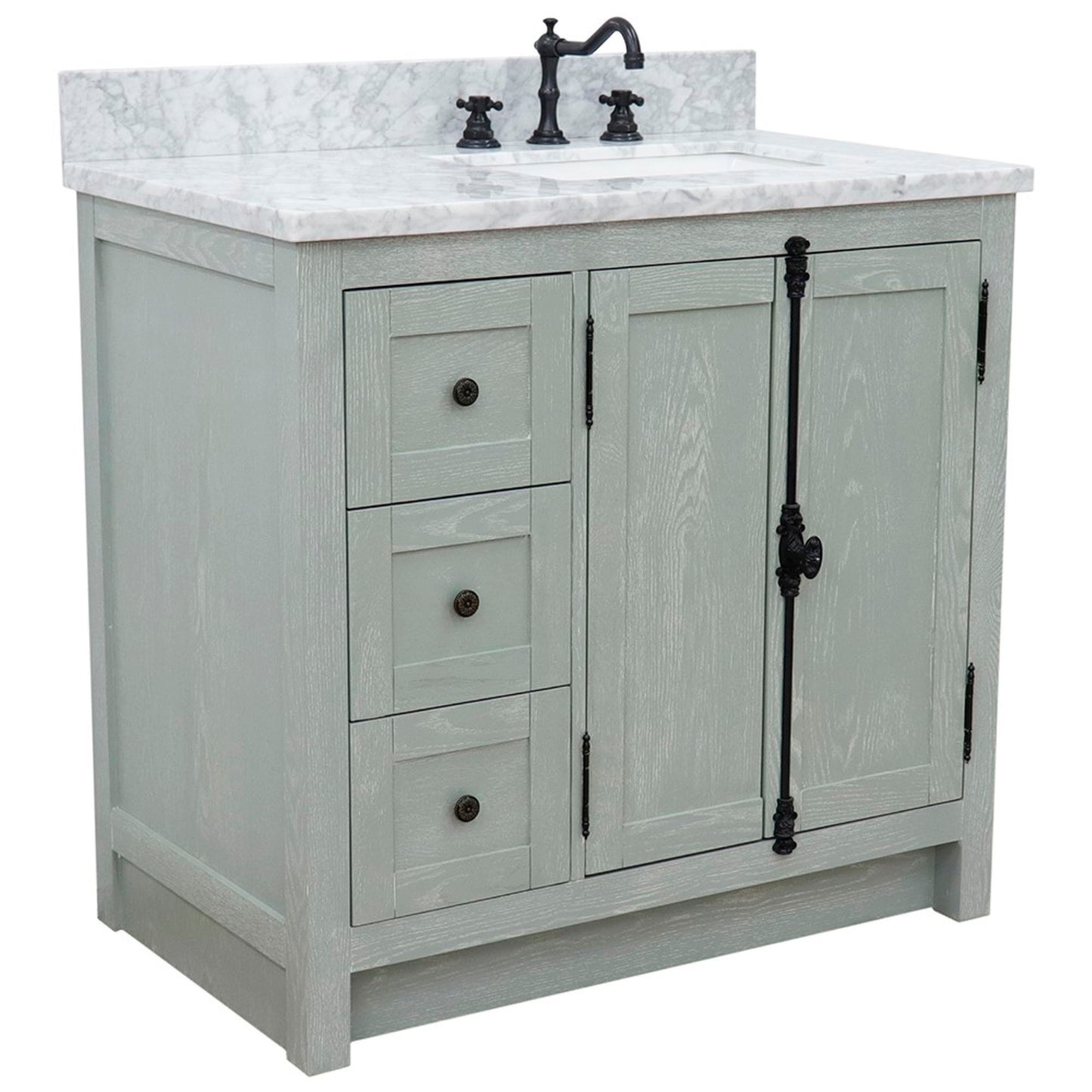 37" Single vanity in Gray Ash finish with White Carrara top and rectangle sink Right doors/Right sink