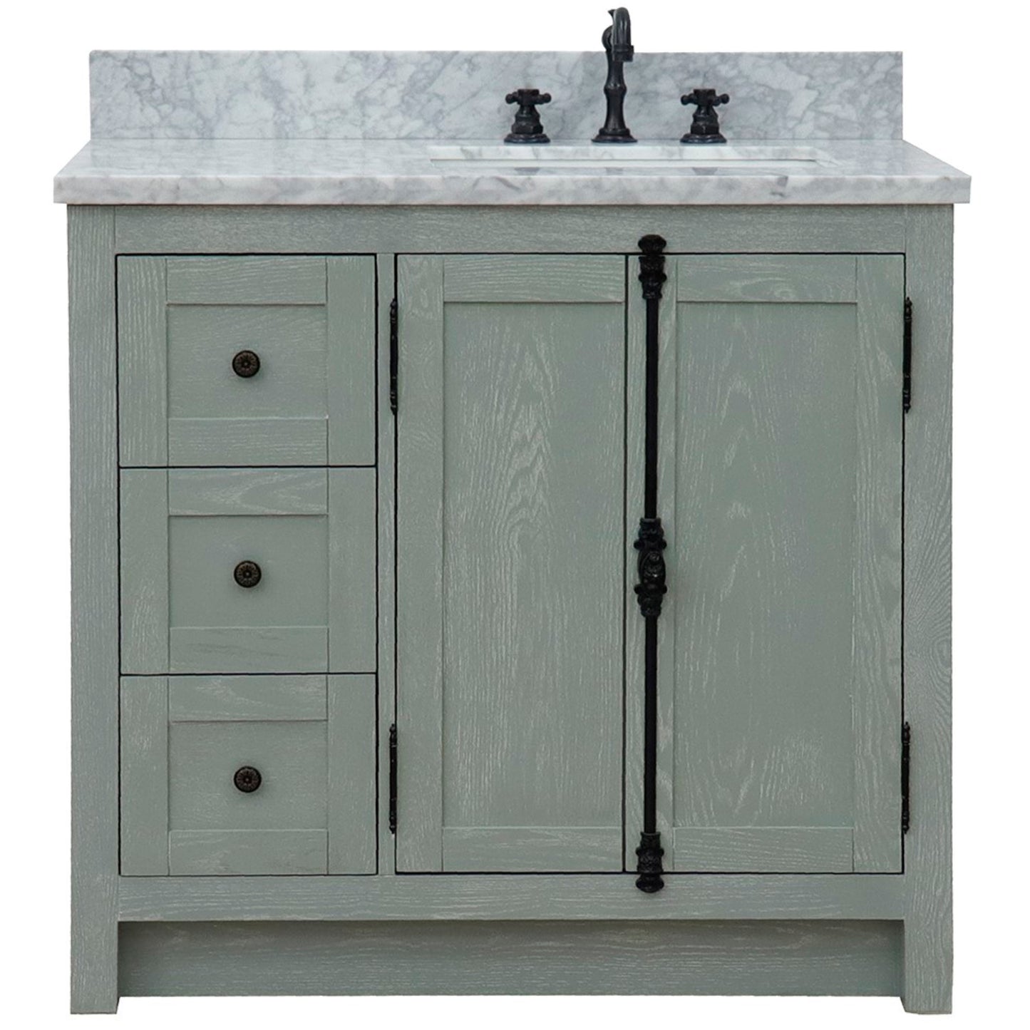 37" Single vanity in Gray Ash finish with White Carrara top and rectangle sink Right doors/Right sink