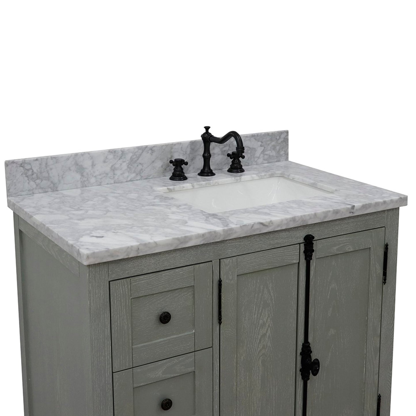 37" Single vanity in Gray Ash finish with White Carrara top and rectangle sink Right doors/Right sink