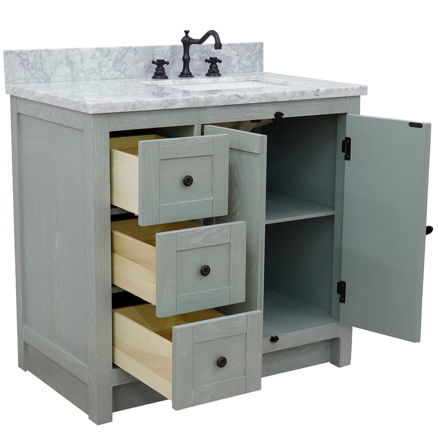 37" Single vanity in Gray Ash finish with White Carrara top and rectangle sink Right doors/Right sink