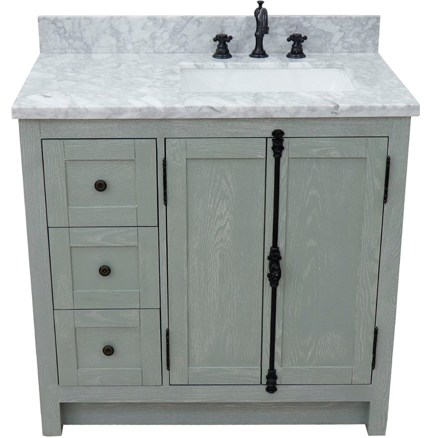 37" Single vanity in Gray Ash finish with White Carrara top and rectangle sink Right doors/Right sink