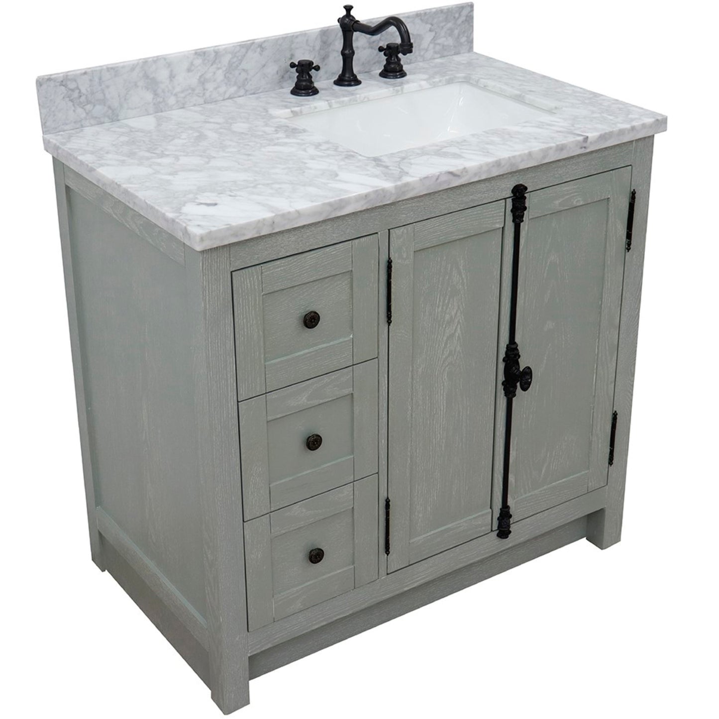 37" Single vanity in Gray Ash finish with White Carrara top and rectangle sink Right doors/Right sink