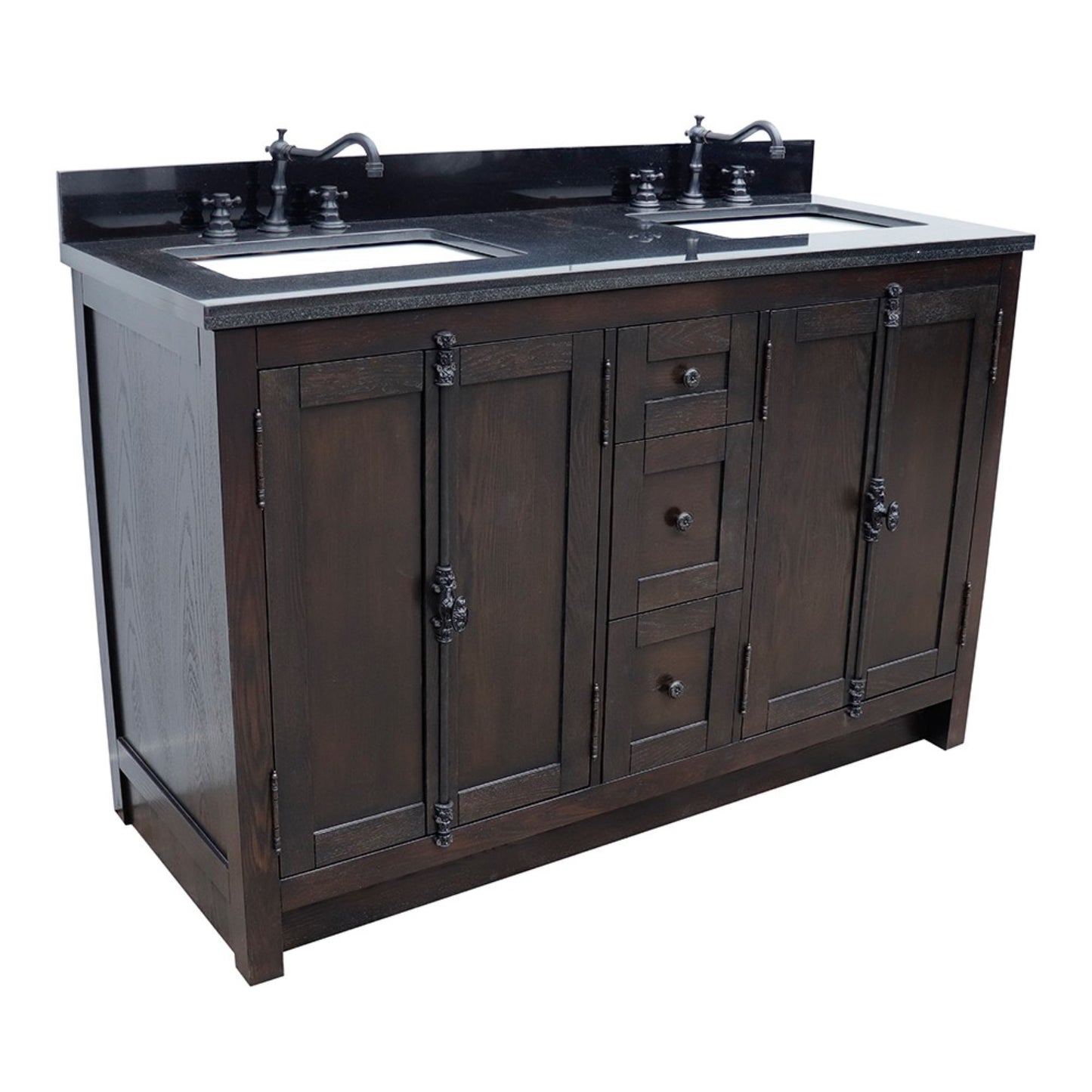55" Double vanity in Brown Ash finish with Black Galaxy top and rectangle sink