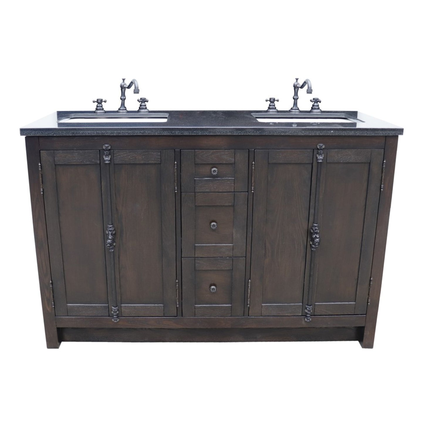 55" Double vanity in Brown Ash finish with Black Galaxy top and rectangle sink