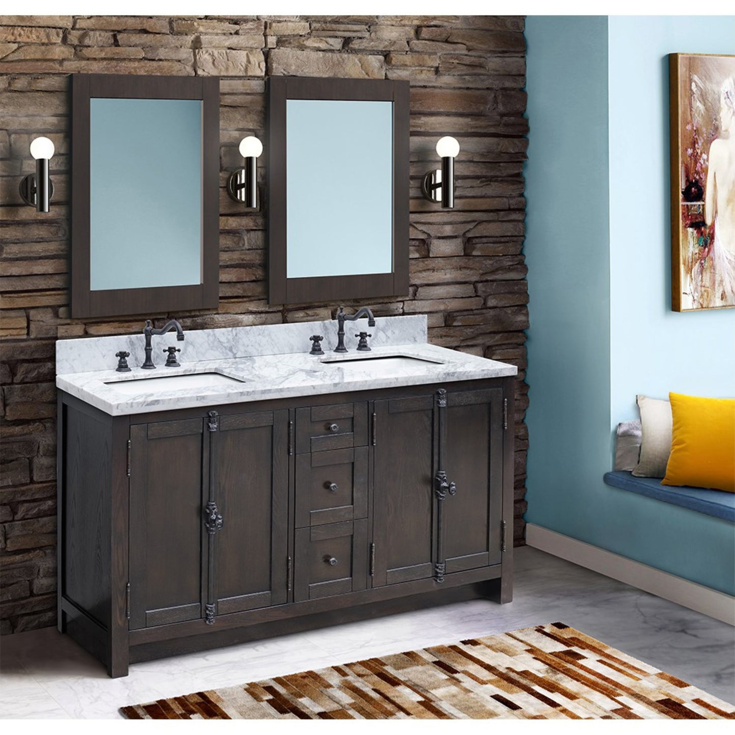 55" Double vanity in Brown Ash finish with White Carrara top and rectangle sink