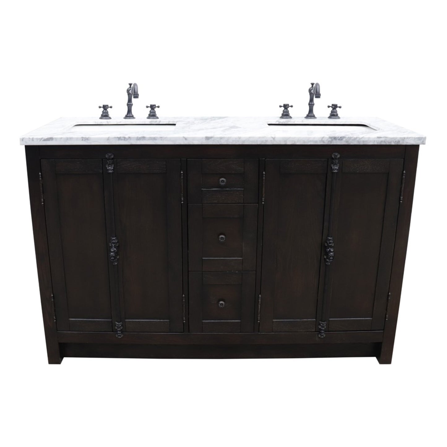 55" Double vanity in Brown Ash finish with White Carrara top and rectangle sink
