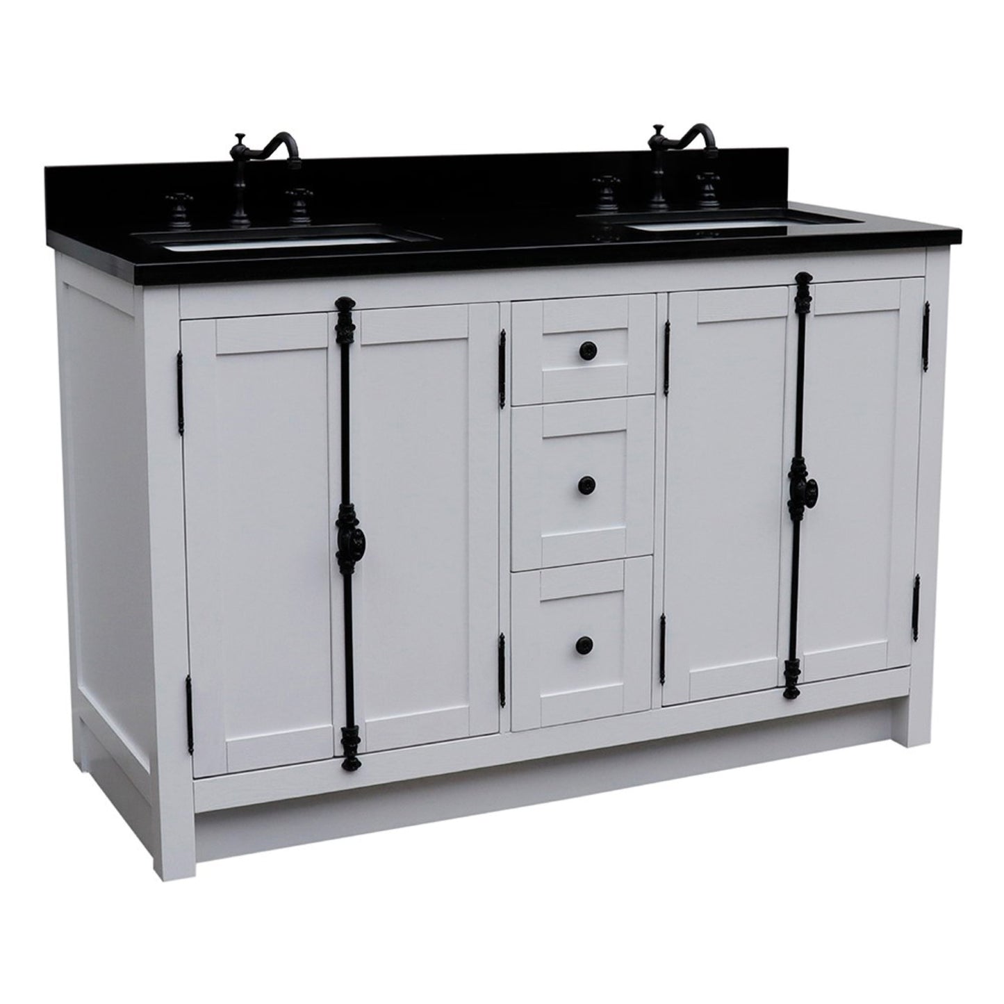 55" Double vanity in Glacier Ash finish with Black Galaxy granite top and rectangle sink