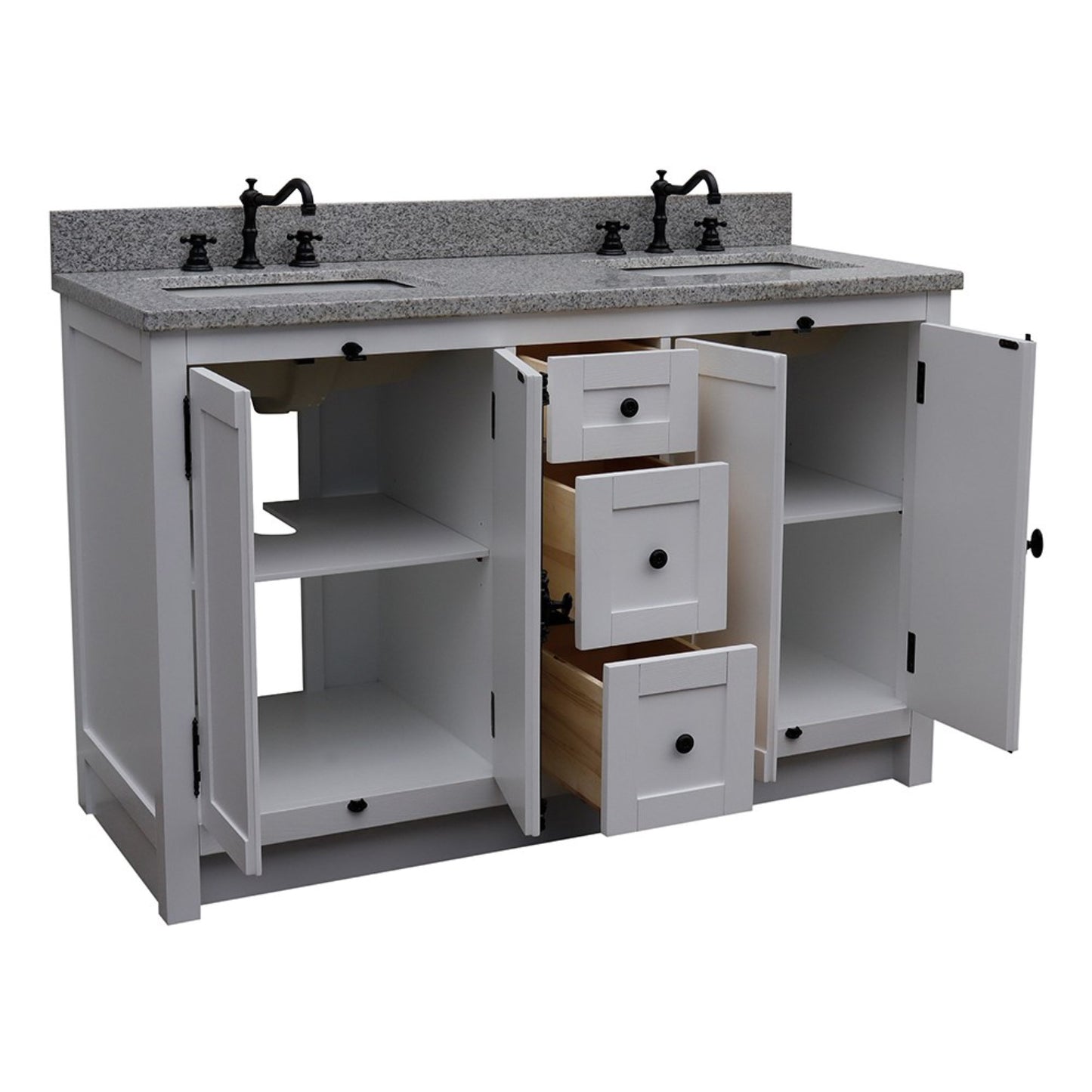 55" Double vanity in Glacier Ash finish with Gray granite top and rectangle sink