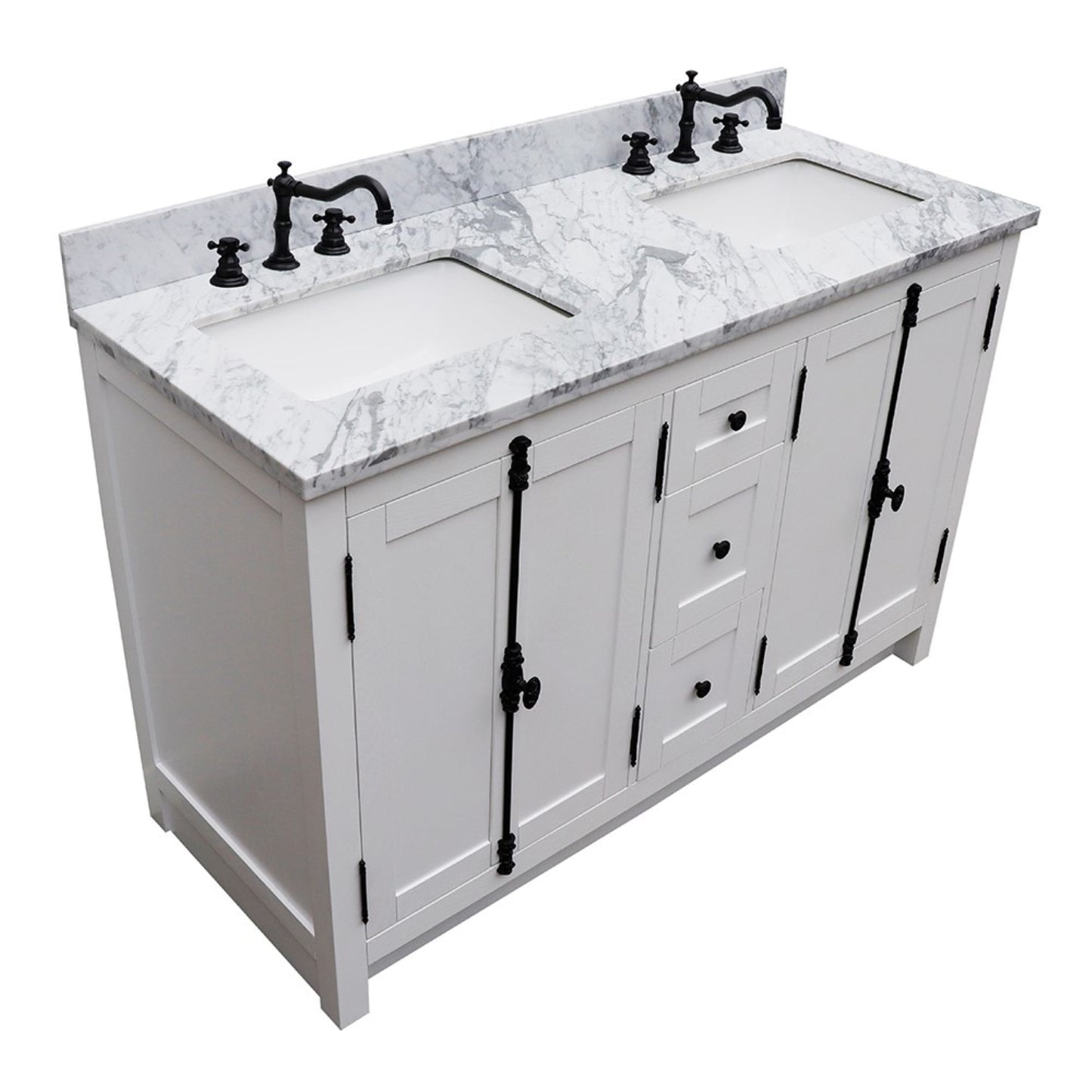55" Double vanity in Glacier Ash finish with White Carrara marble top and rectangle sink