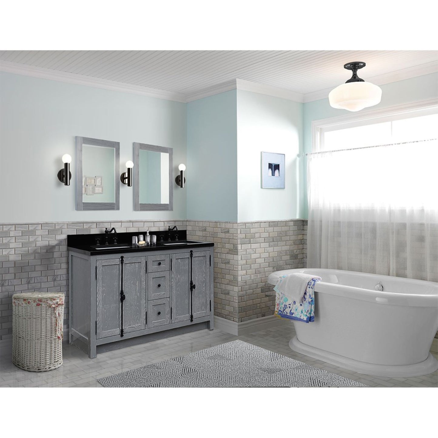 55" Double vanity in Gray Ash finish with Black Galaxy granite top and rectangle sink