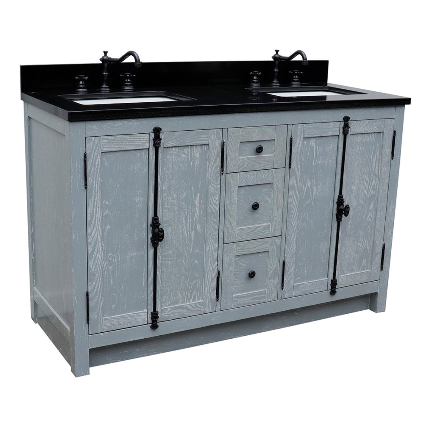 55" Double vanity in Gray Ash finish with Black Galaxy granite top and rectangle sink