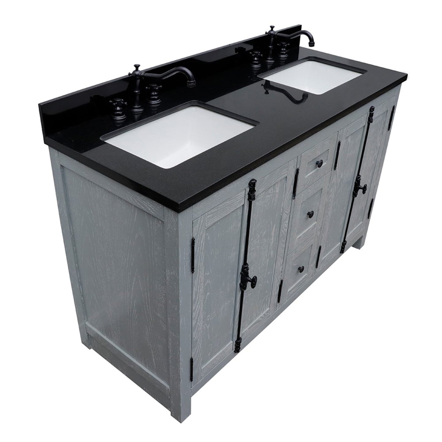 55" Double vanity in Gray Ash finish with Black Galaxy granite top and rectangle sink